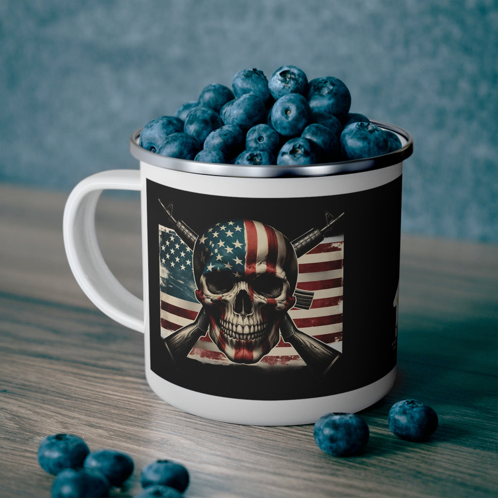 Patriotic Skull Coffee Cup – American Flag & Rifles Enamel Cup