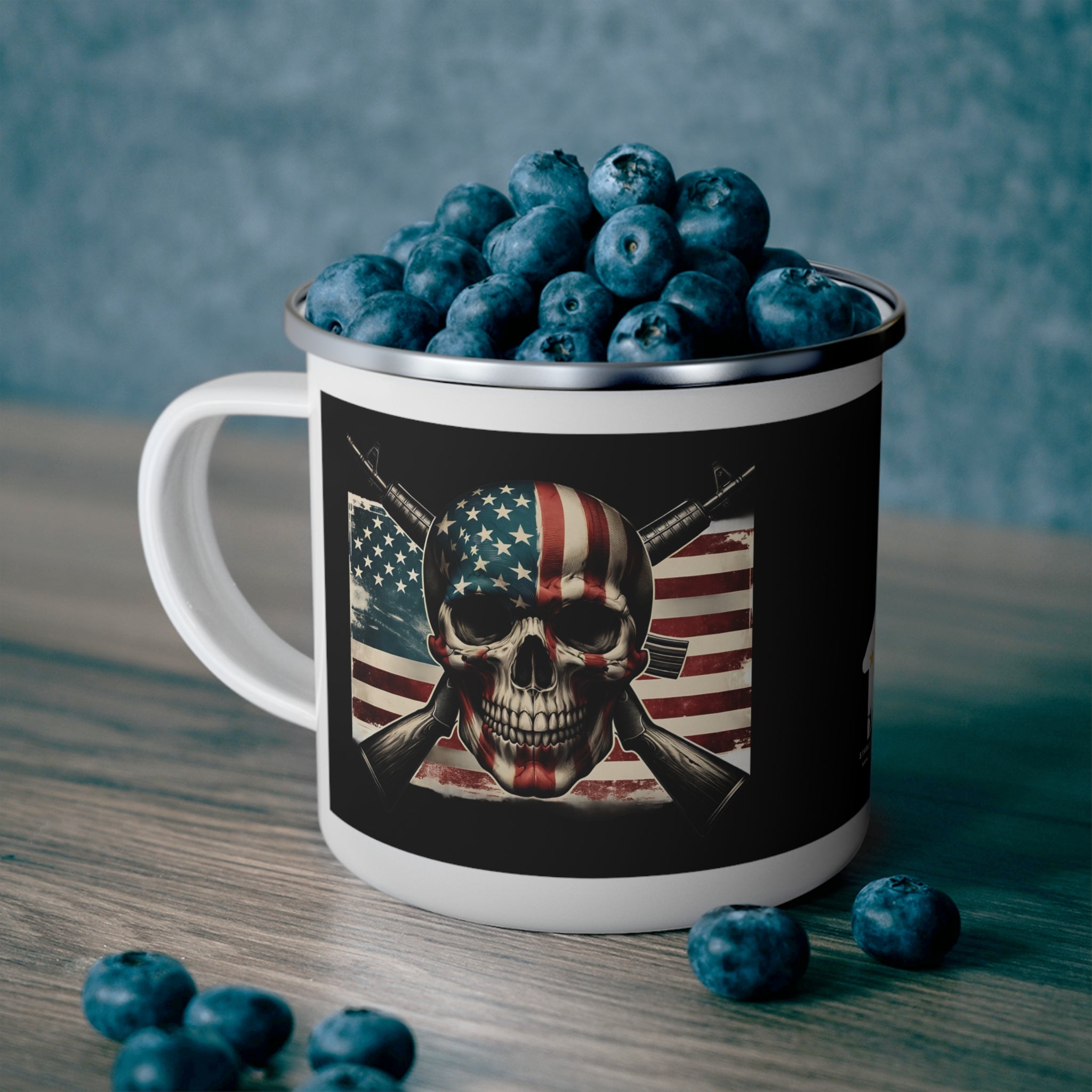 Patriotic Skull Coffee Cup – American Flag & Rifles Enamel Cup