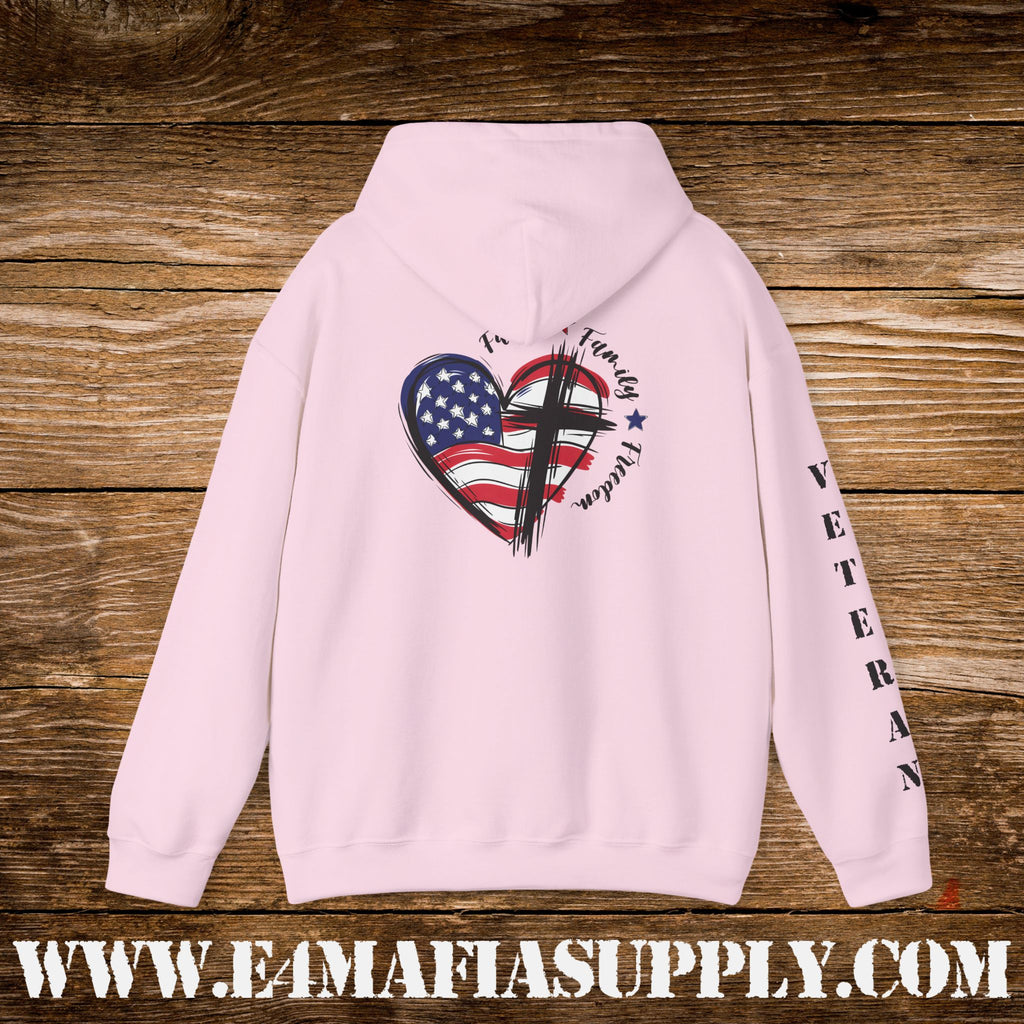 “Faith Family Freedom” Patriotic Cross and Flag Veteran Hoodie
