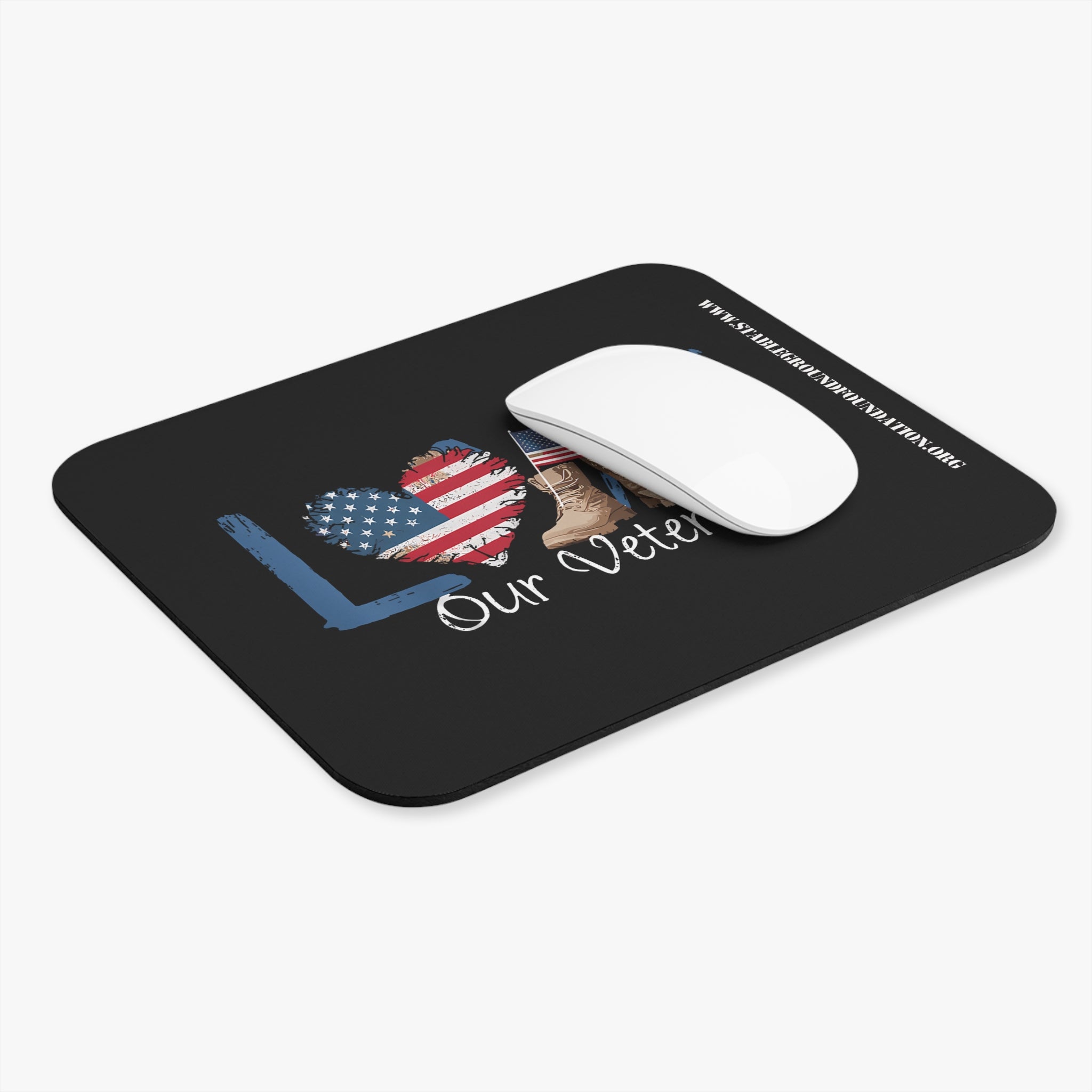 Love Our Veterans – Blue Lettering & Flag Heart Mouse Pad