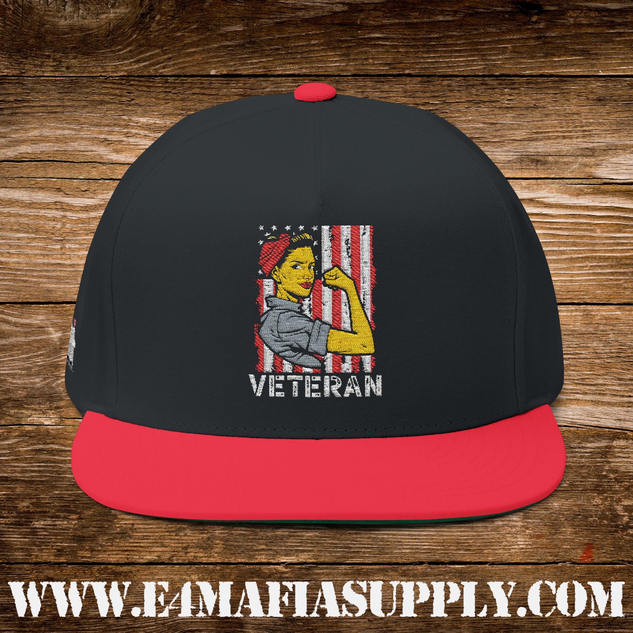 Patriotic “Rosie the Riveter Veteran” Flat Bill Cap with American Flag Background