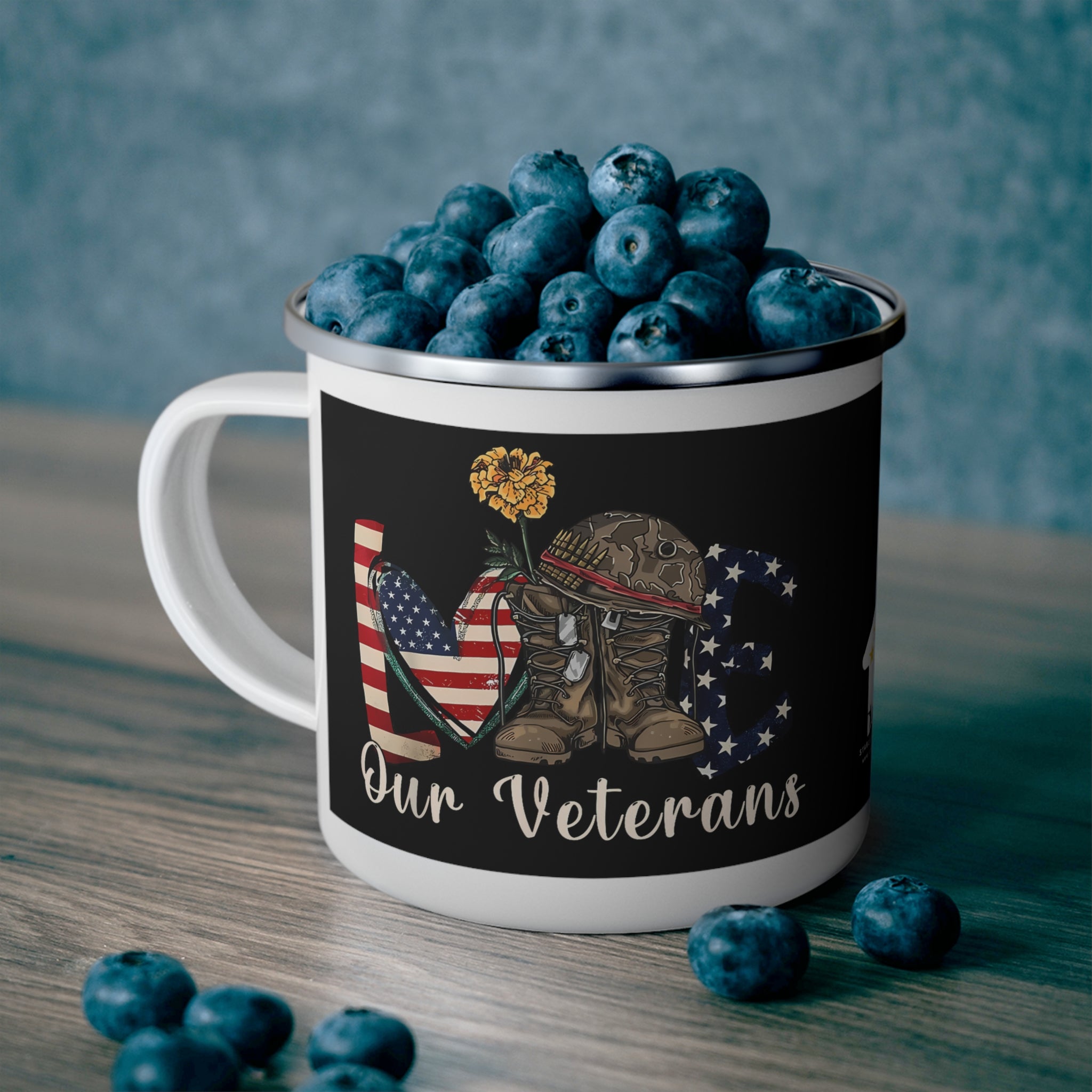 “Love Our Veterans” Enamel Mug with American Flag Heart, Helmet, Boots, and Yellow Flower
