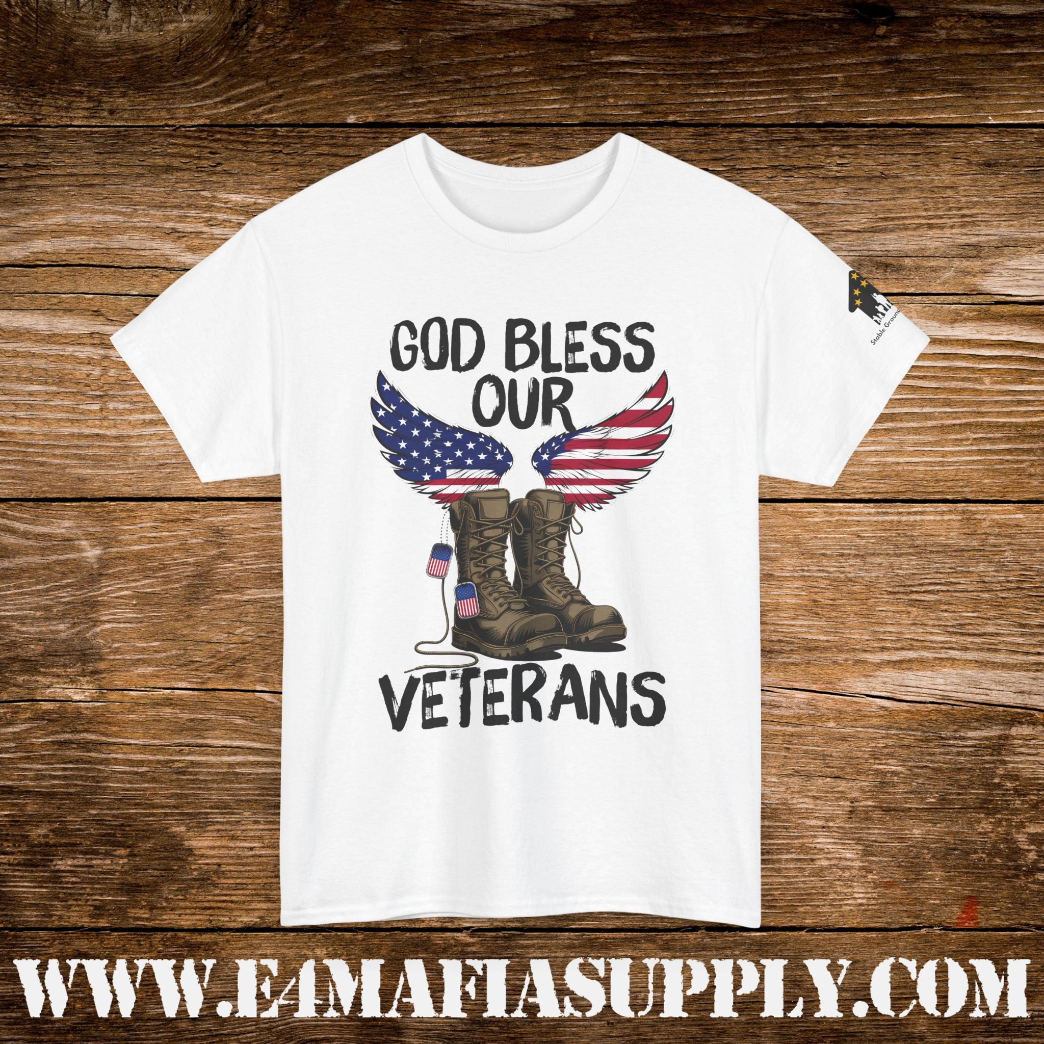 “God Bless Our Veterans” – Patriotic American Flag Boots & Wings T-Shirt