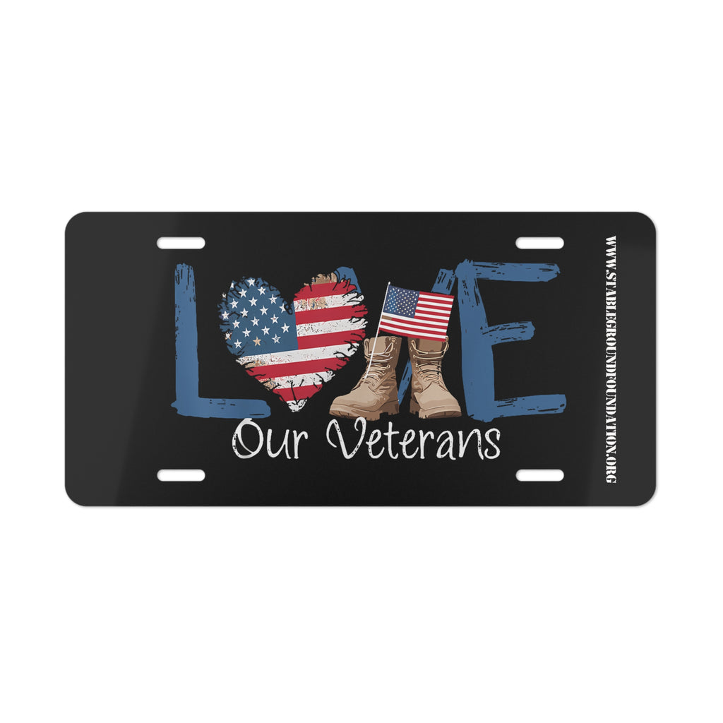 Love Our Veterans – Patriotic License Plate with Blue Letters and Boots
