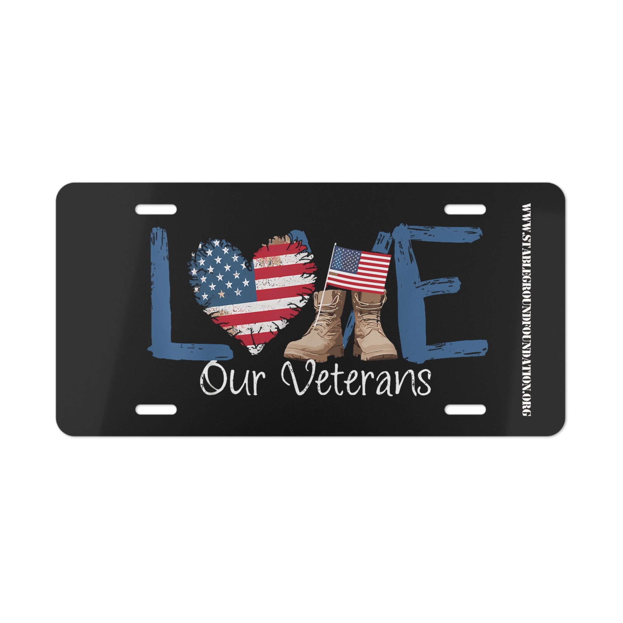 Love Our Veterans – Patriotic License Plate with Blue Letters and Boots