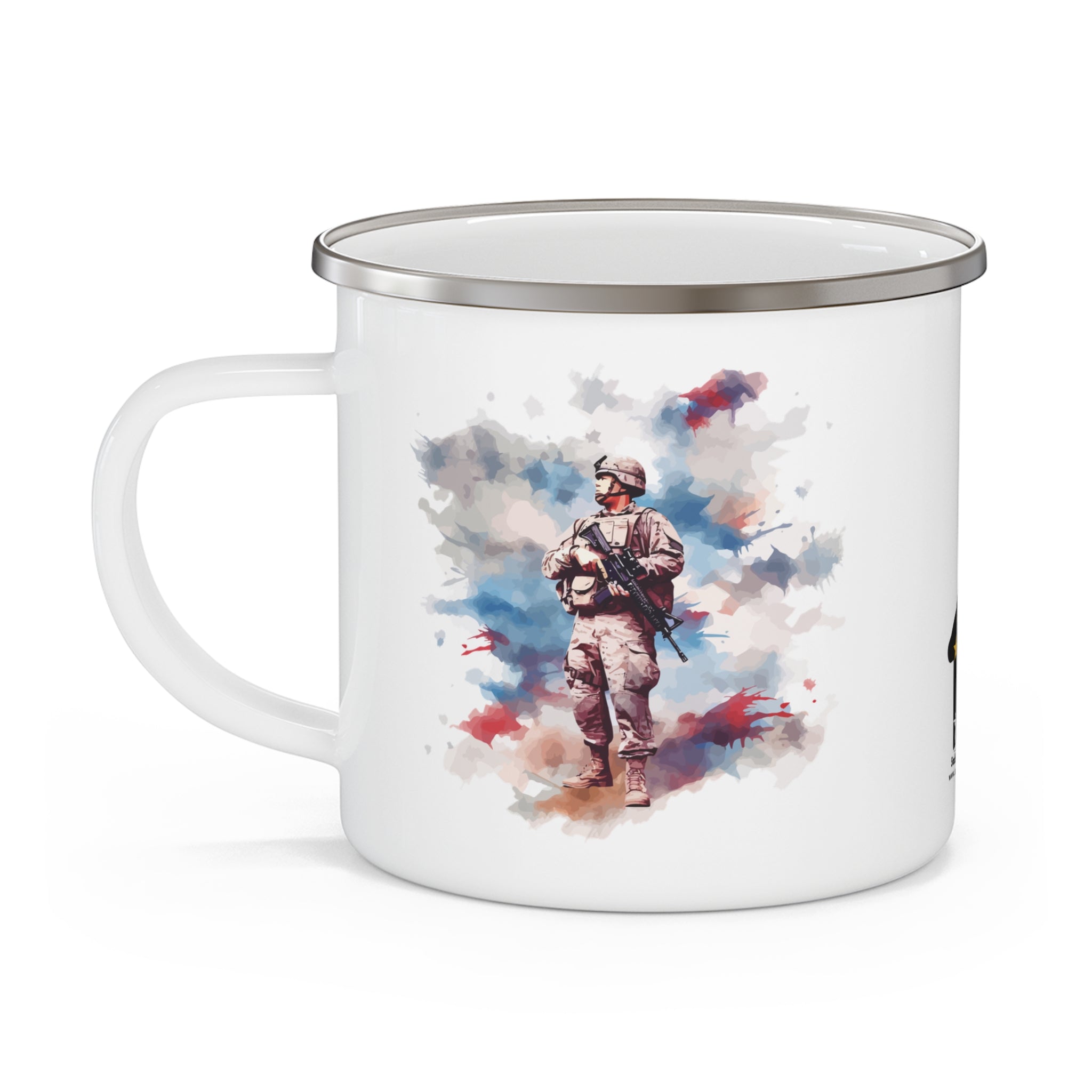 White Watercolor Soldier Coffee Cup – Minimal Patriotic Tribute Enamel Cup