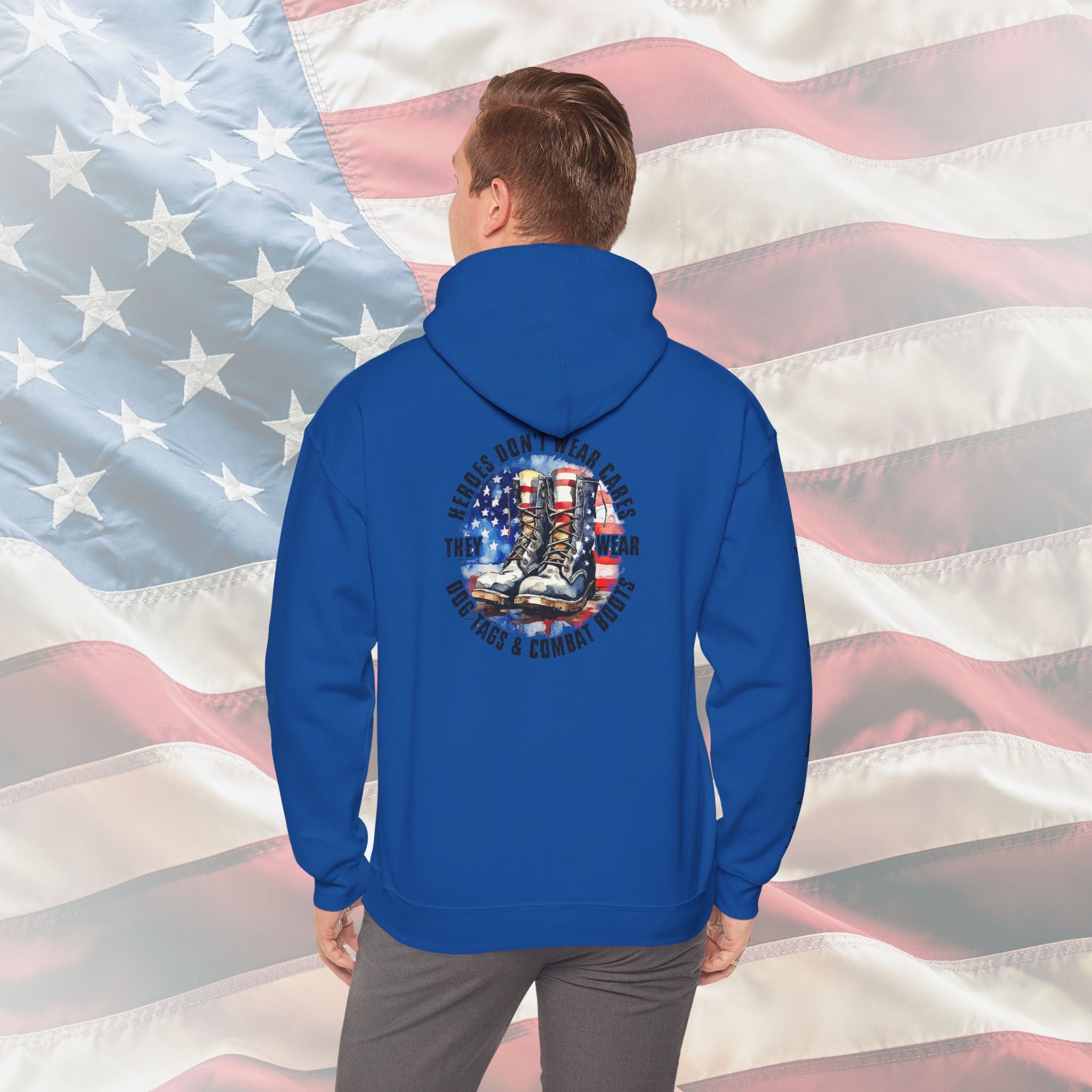 “Heroes Don’t Wear Capes – They Wear Dog Tags & Combat Boots” Patriotic Veteran Sleeve Hoodie