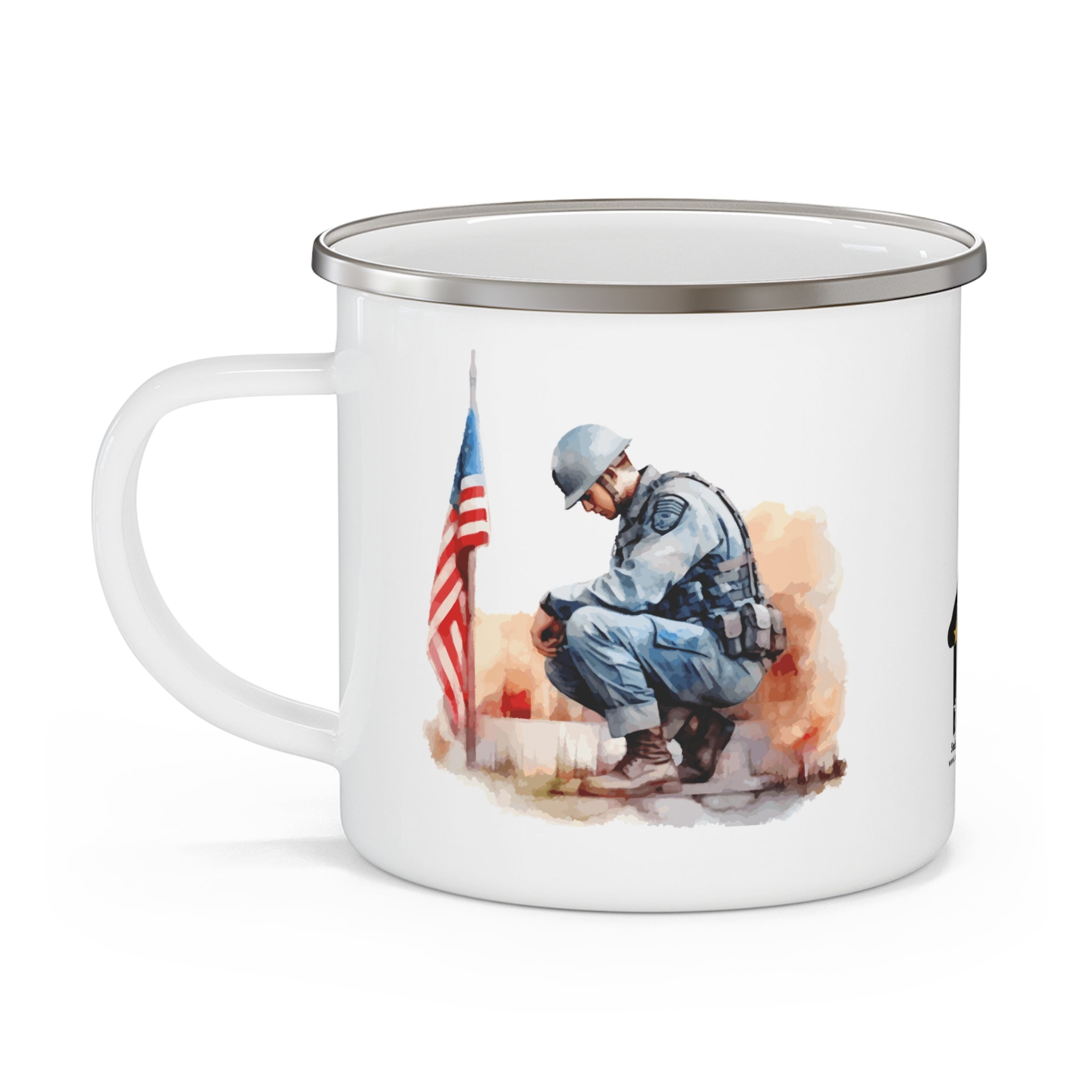 Kneeling Soldier Coffee Cup – Patriotic Remembrance Enamel Mug