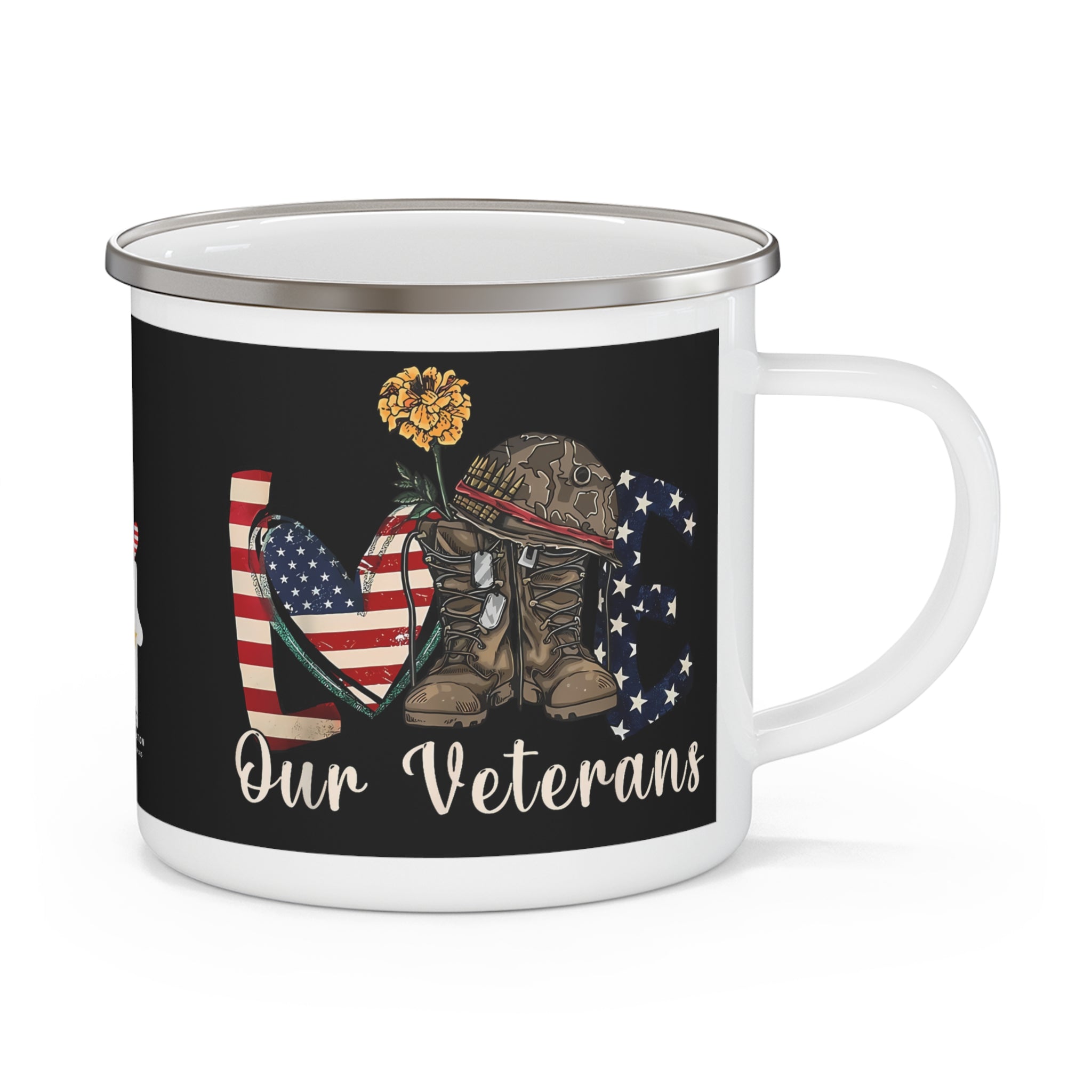 “Love Our Veterans” Enamel Mug with American Flag Heart, Helmet, Boots, and Yellow Flower