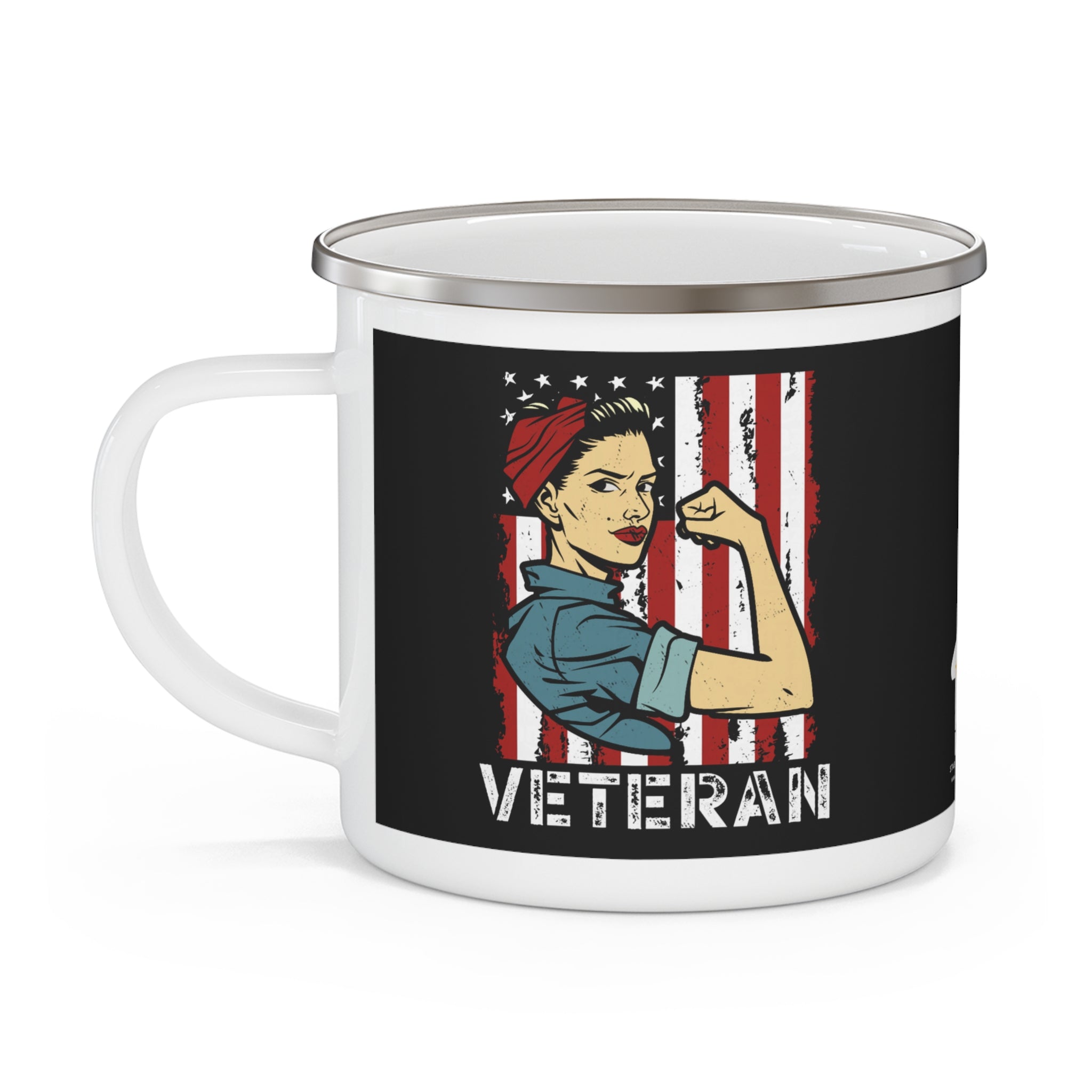 Female Veteran Enamel Mug – Rosie-Style American Flag Patriotic Coffee Cup
