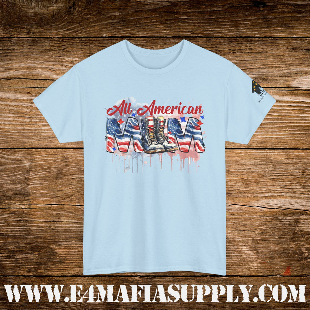 “All American Mom” – Patriotic Flag & Combat Boots T-Shirt