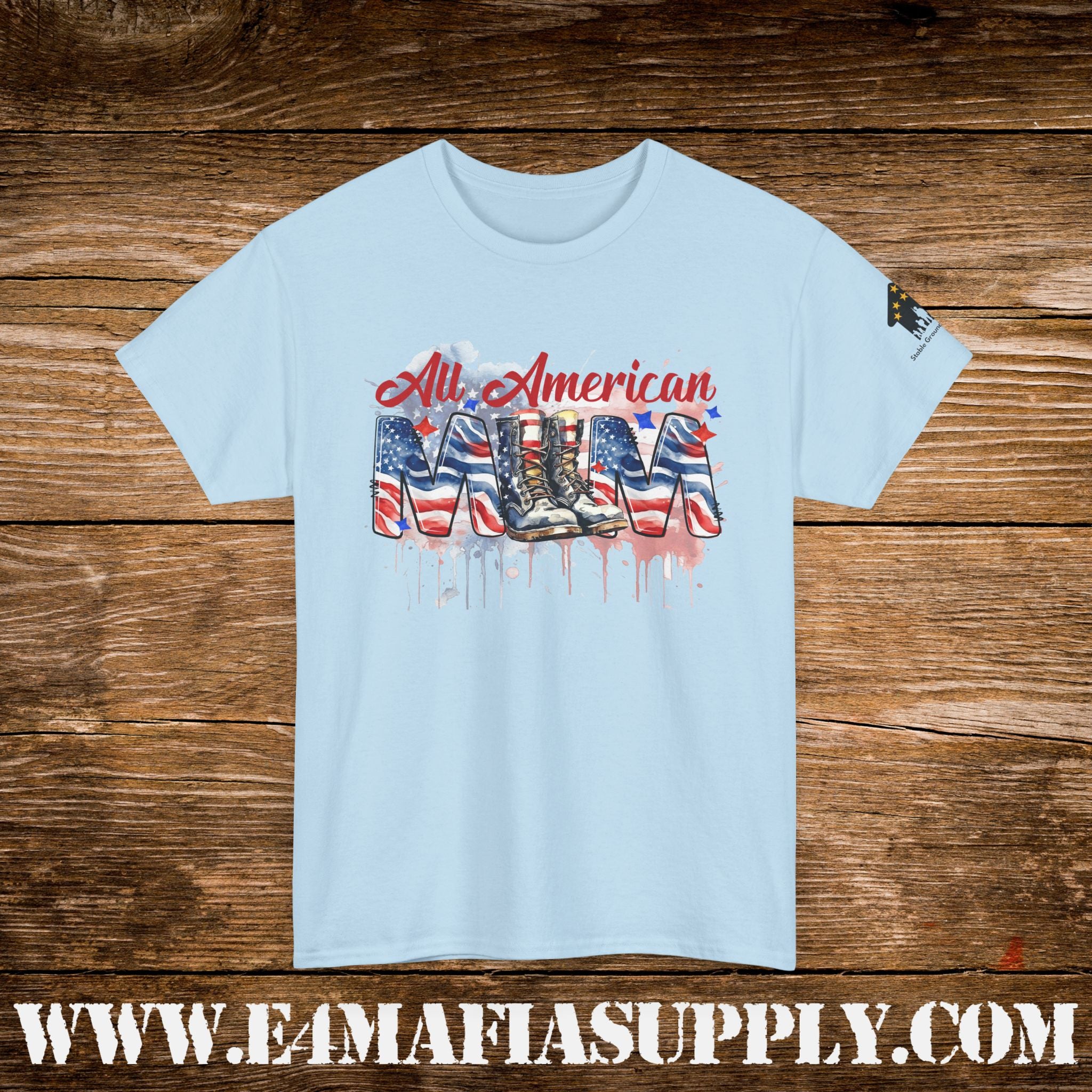 “All American Mom” – Patriotic Flag & Combat Boots T-Shirt