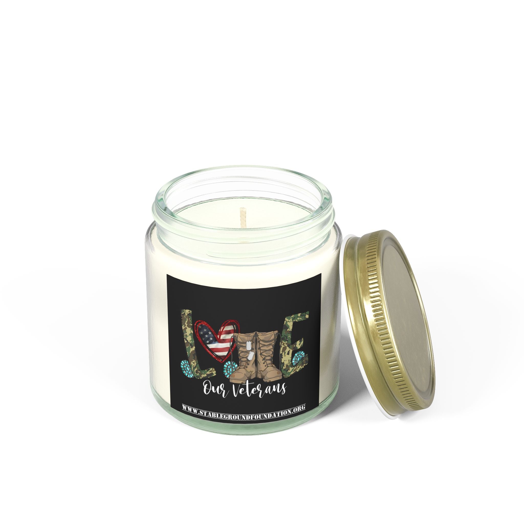 Love Our Veterans Candle – Rustic Camo Heart & Boots Patriotic Tribute Candle
