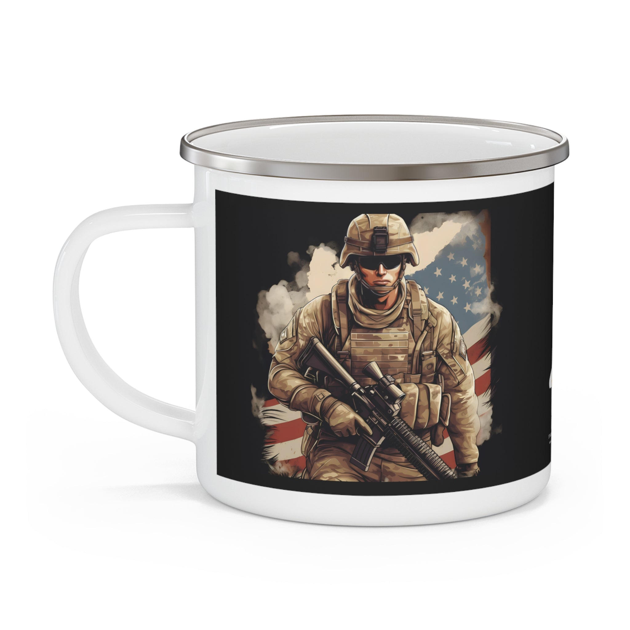 Patriotic Soldier Enamel Mug with American Flag Background – Veteran Tribute Coffee Cup