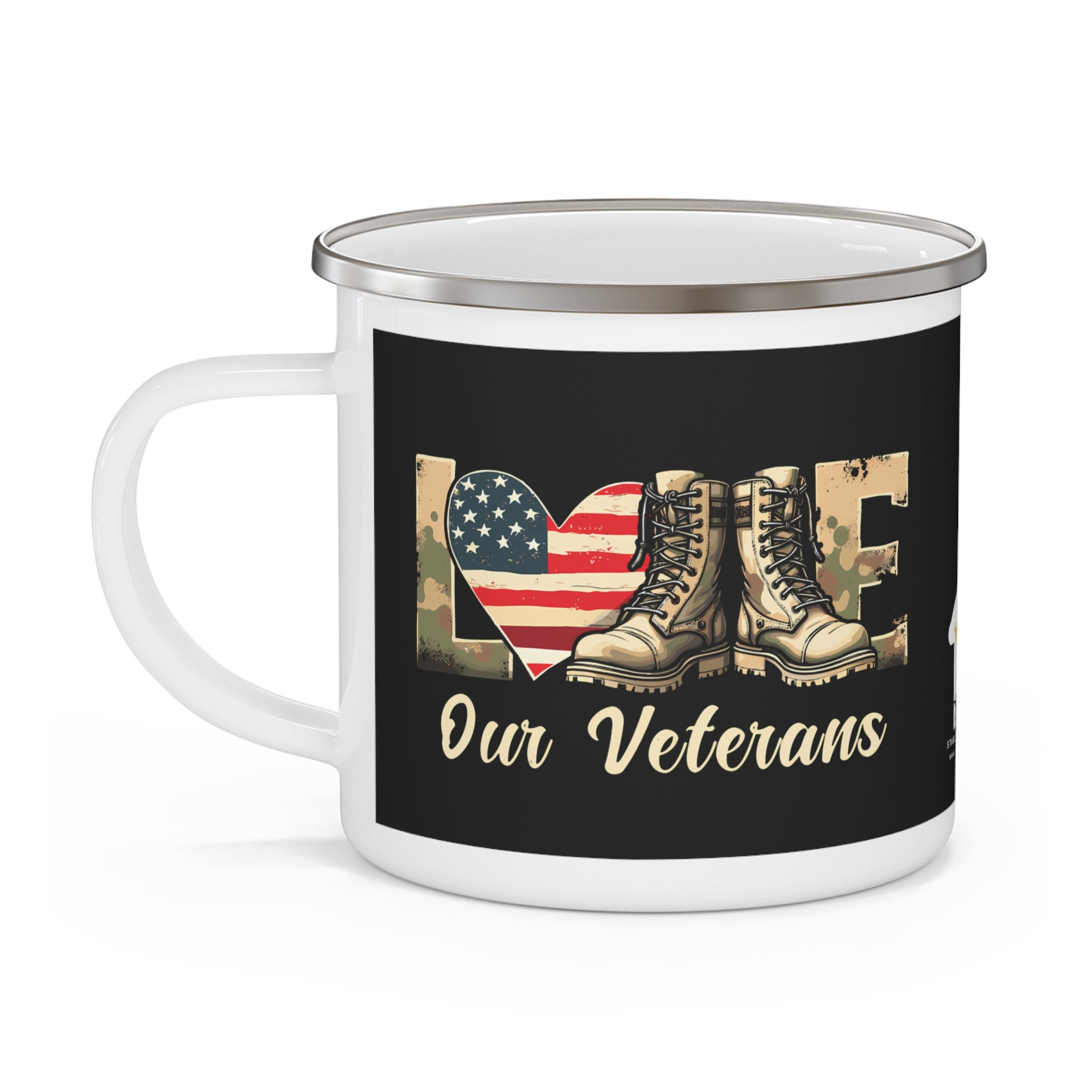 “Love Our Veterans” Enamel Mug with American Flag Heart and Combat Boots Design
