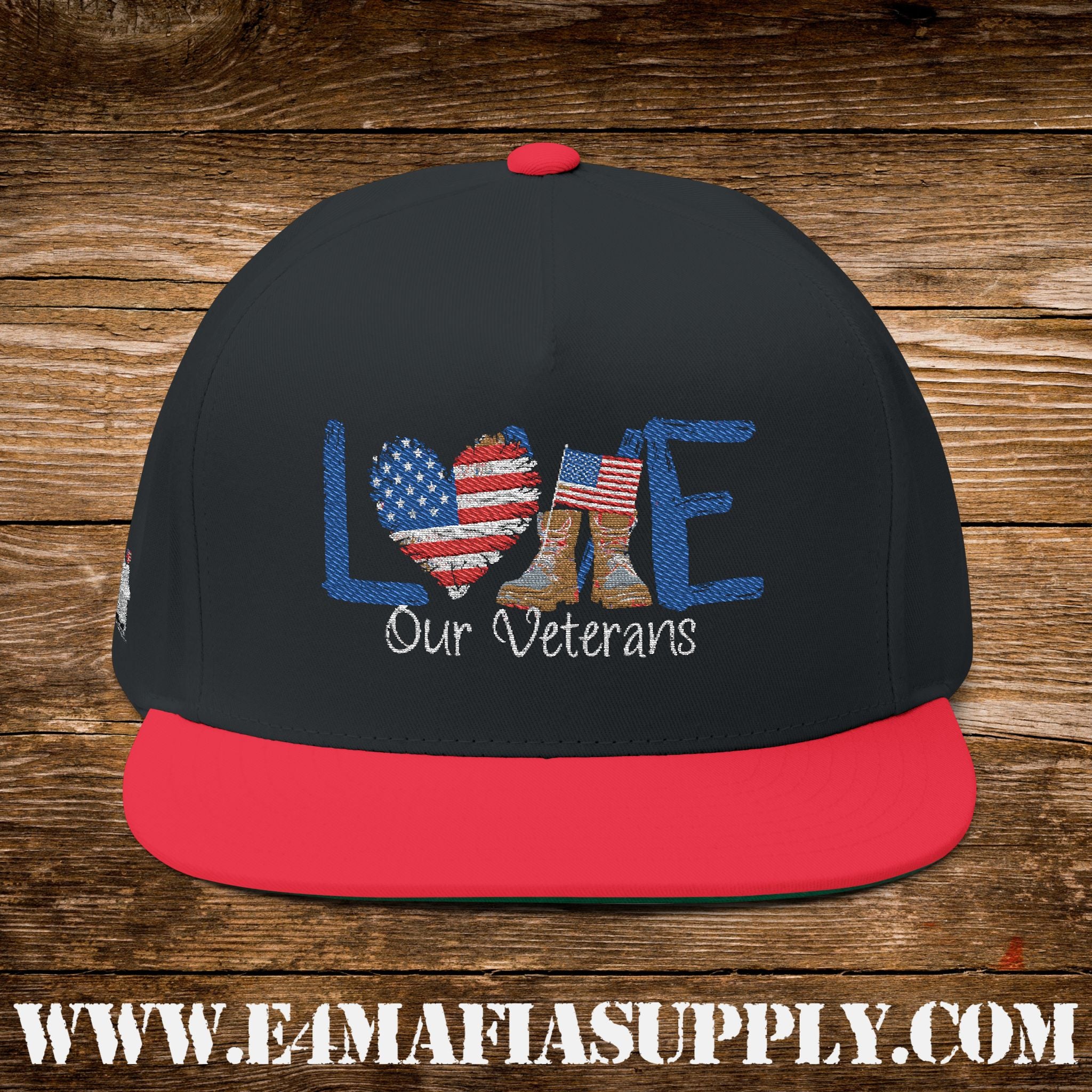 Patriotic “Love Our Veterans” Flat Bill Cap with American Flag Heart and Combat Boots