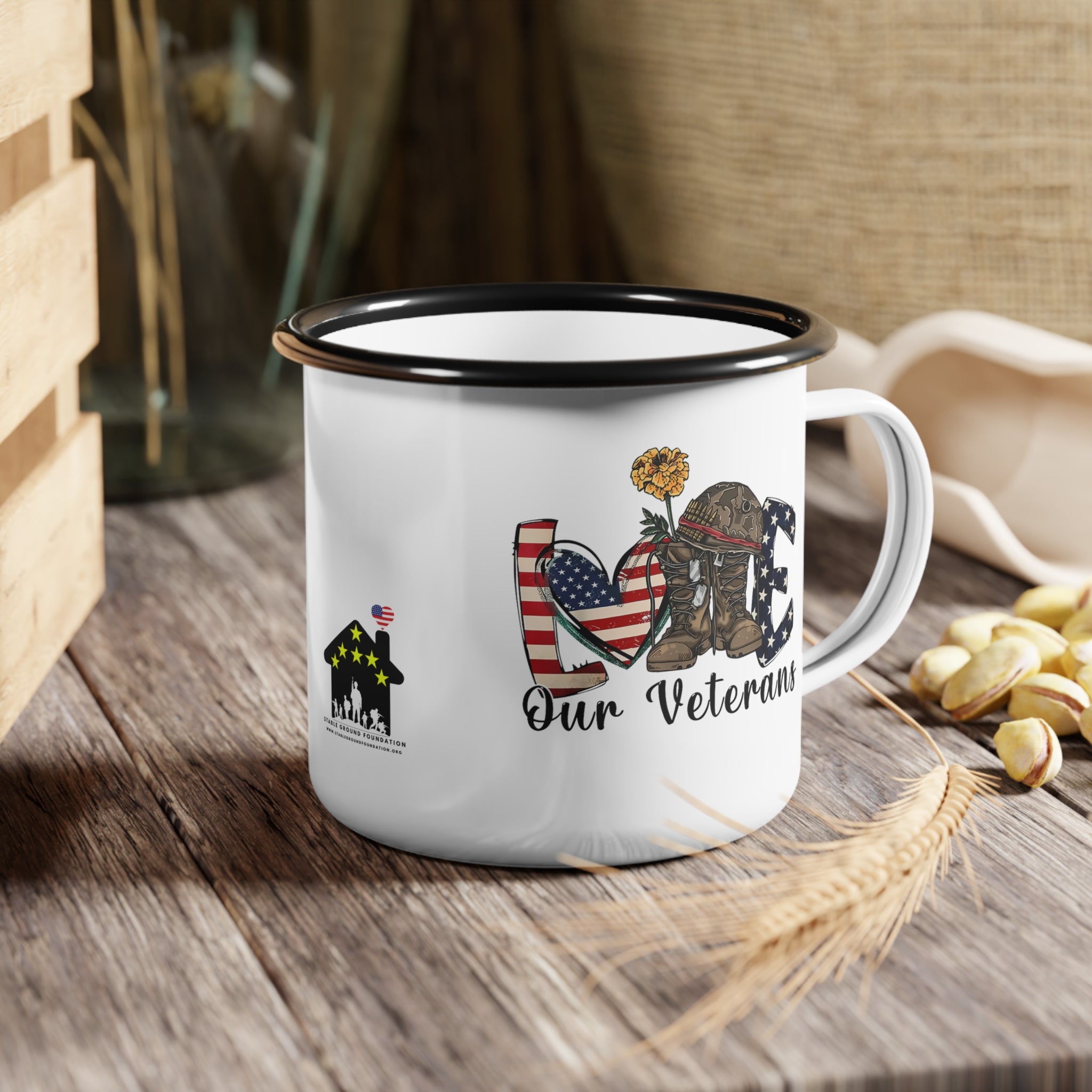 “Love Our Veterans” Enamel Mug with American Flag Heart, Helmet, and Yellow Flower Design