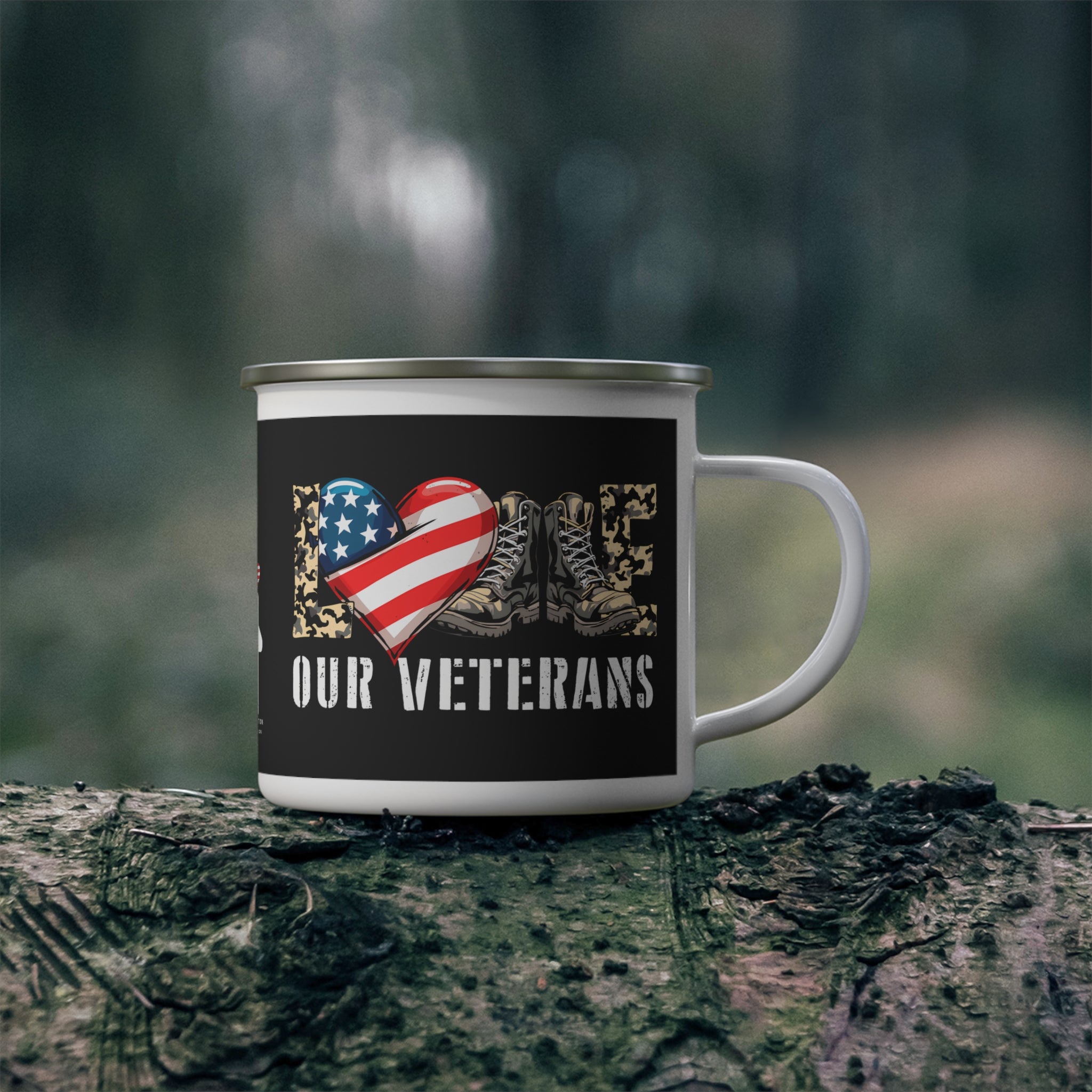 “Love Our Veterans” Enamel Mug with American Flag Heart and Combat Boots Design