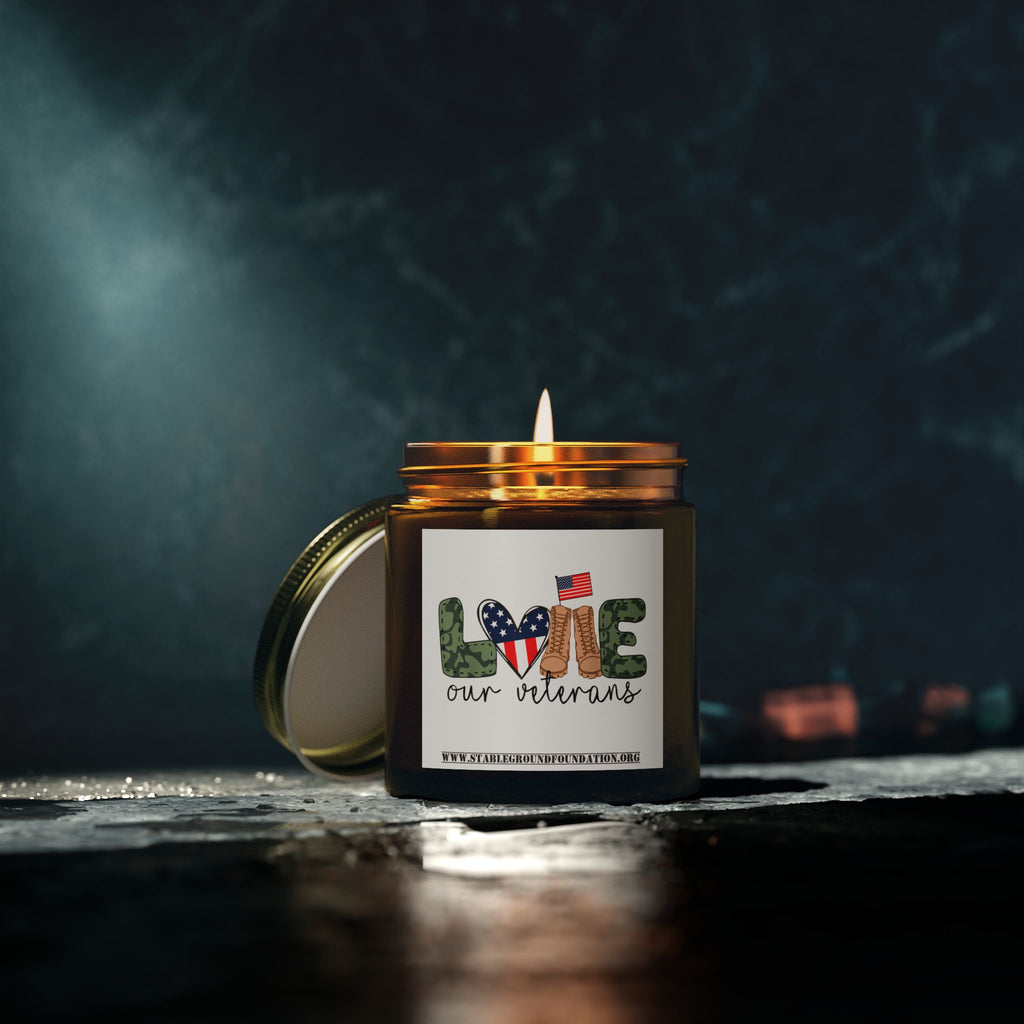 Love Our Veterans Candle – Patriotic Flag Heart and Camo Boots Tribute Candle
