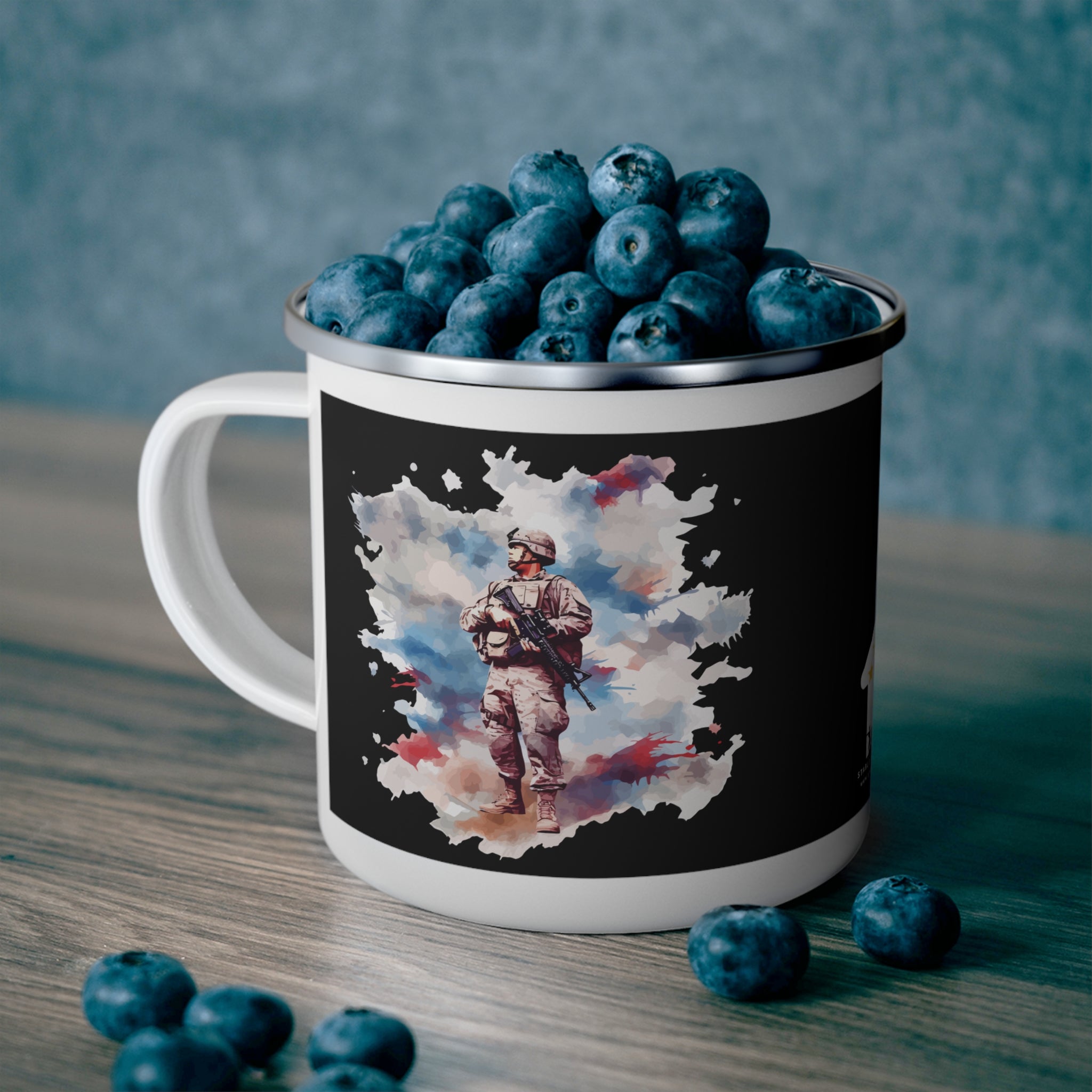 Watercolor Soldier Reflection Coffee Cup – Patriotic Tribute Enamel Cup