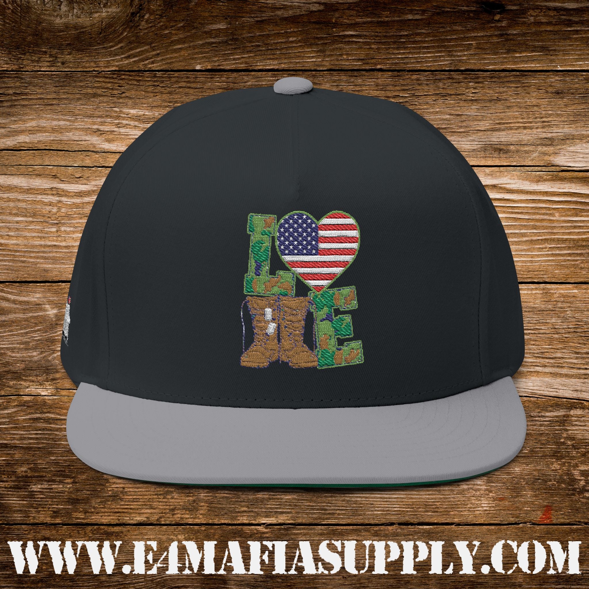 Patriotic “Love” Flat Bill Cap with American Flag Heart and Combat Boots