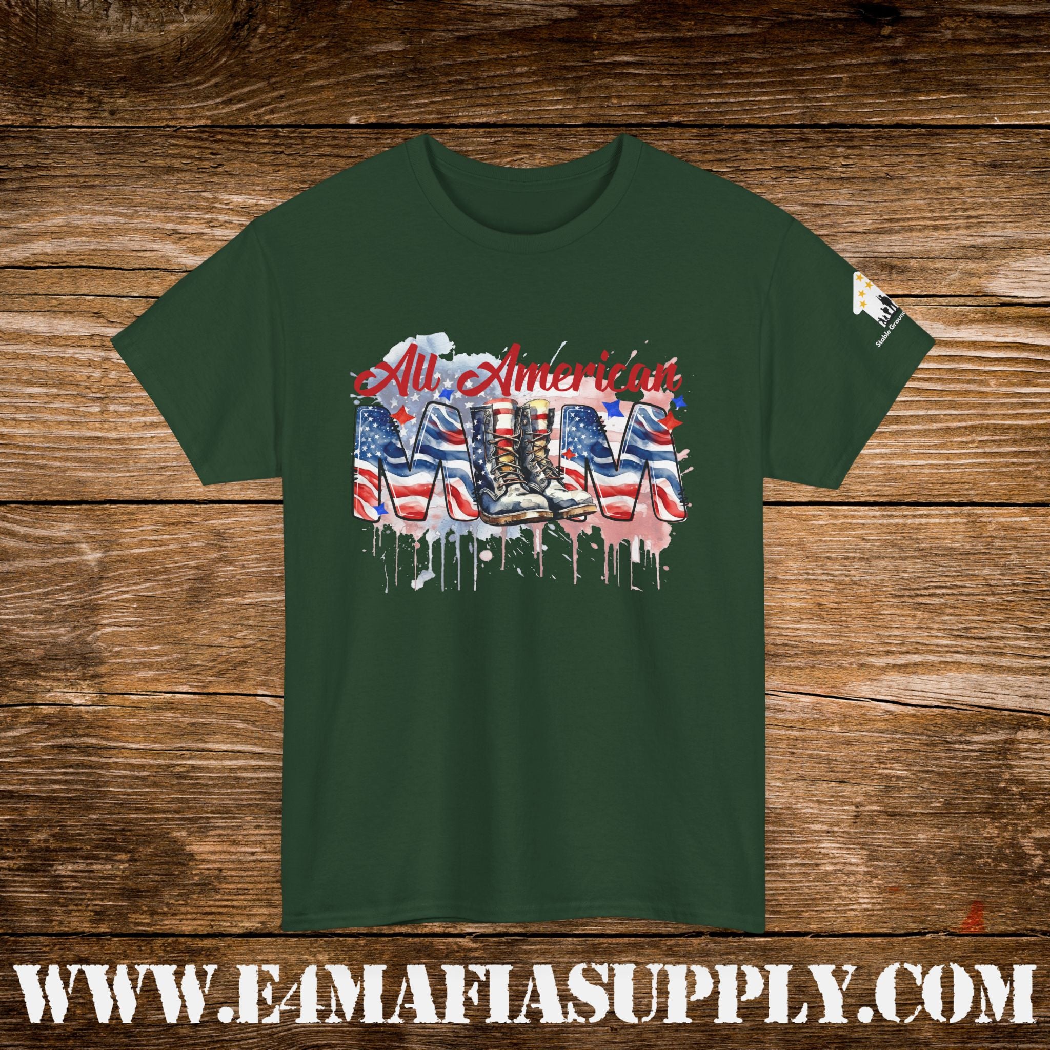 “All American Mom” – Patriotic Flag & Combat Boots T-Shirt