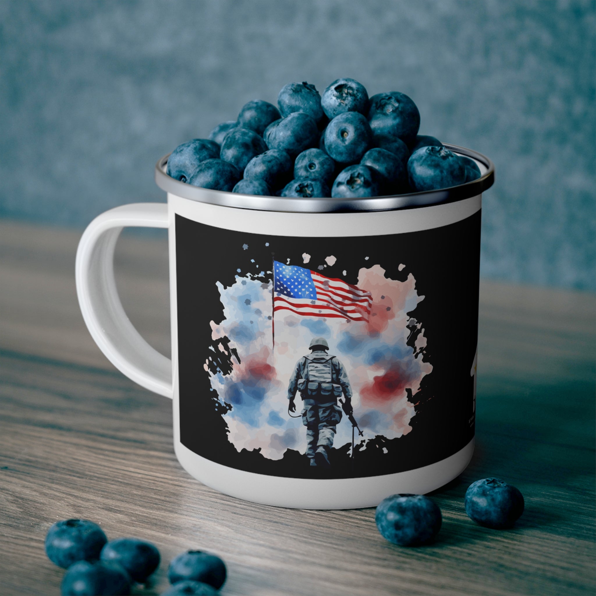 Fallen Hero Tribute Coffee Cup – Watercolor Soldier & Flag Enamel Cup