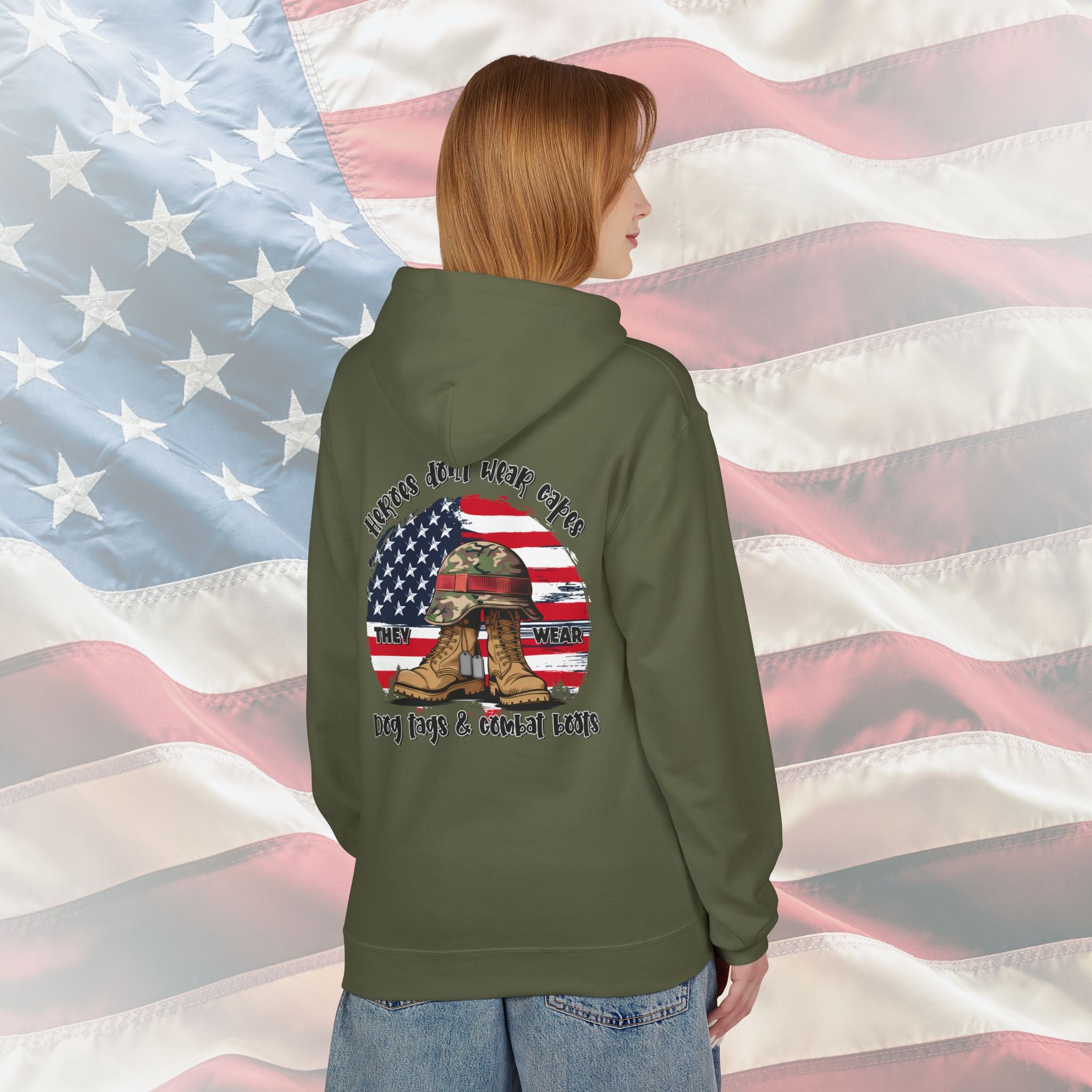 “Heroes Don’t Wear Capes – They Wear Dog Tags & Combat Boots” Patriotic Camo Military Hoodie