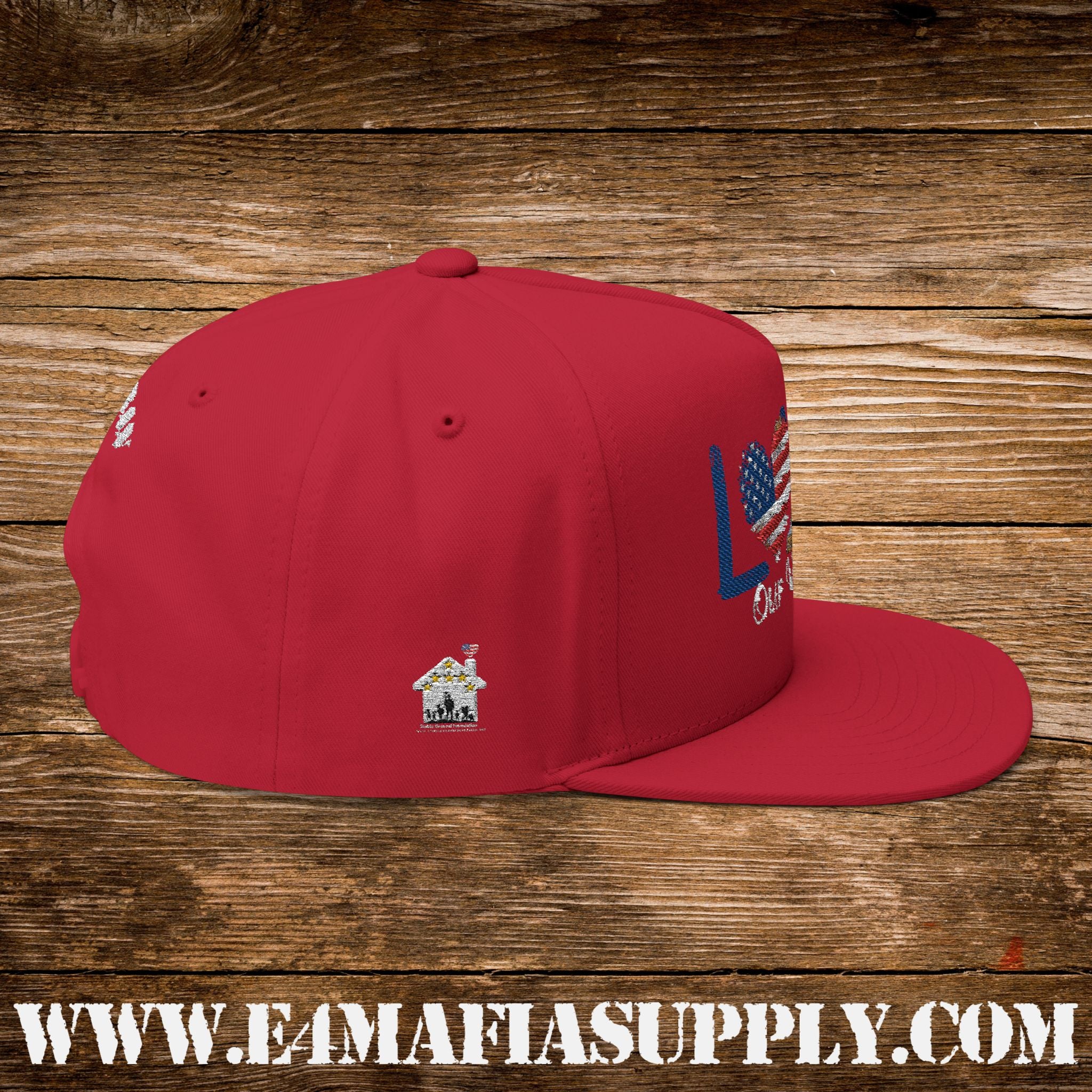 Patriotic “Love Our Veterans” Flat Bill Cap with American Flag Heart and Combat Boots