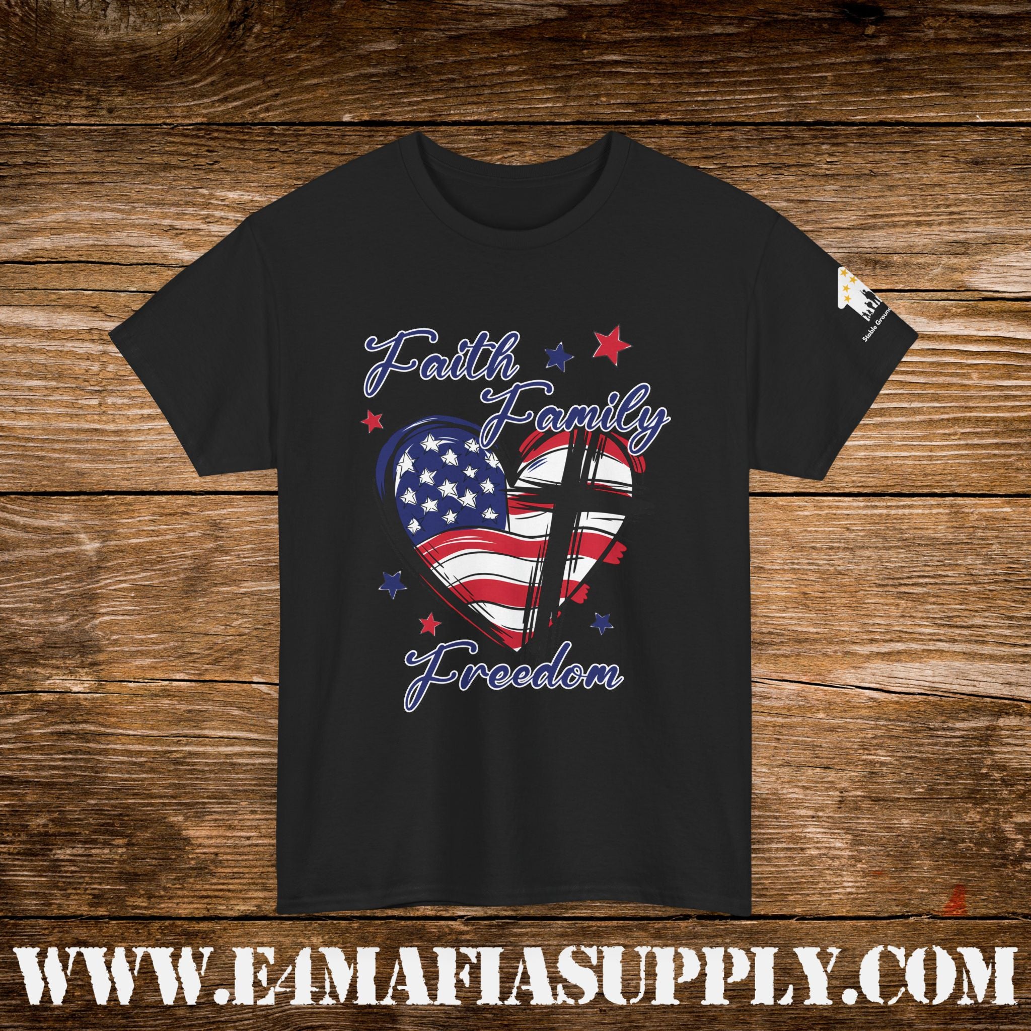 “Faith, Family, Freedom” – Patriotic American Flag & Cross T-Shirt