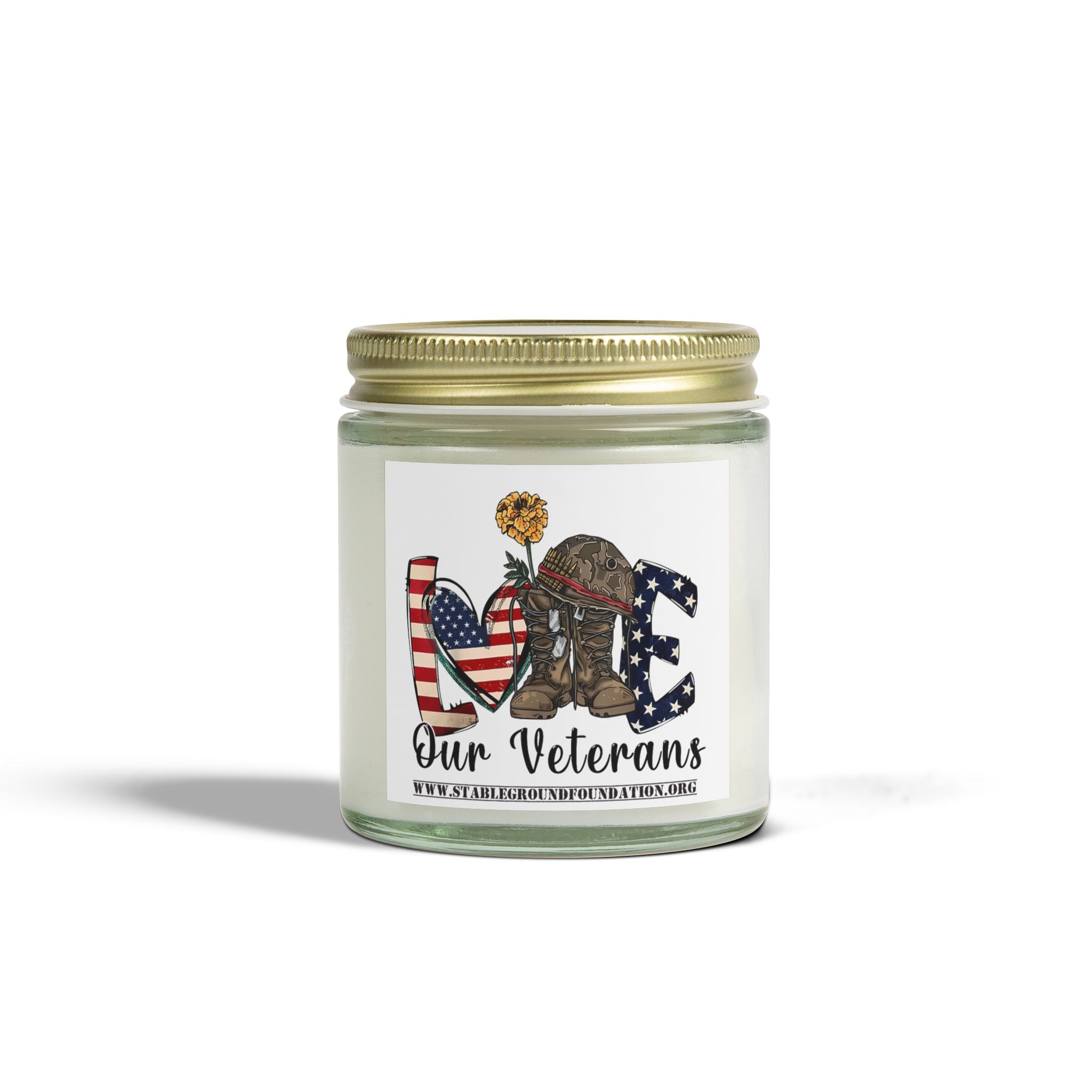 Love Our Veterans Candle – Military Boots & Helmet Patriotic Candle