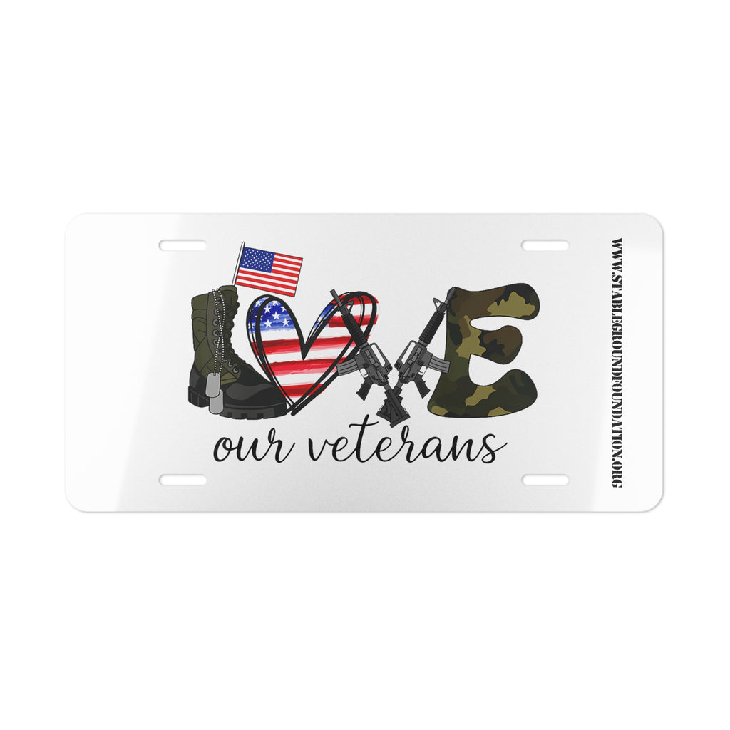 Love Our Veterans – Boots, Rifles & American Flag Patriotic License Plate