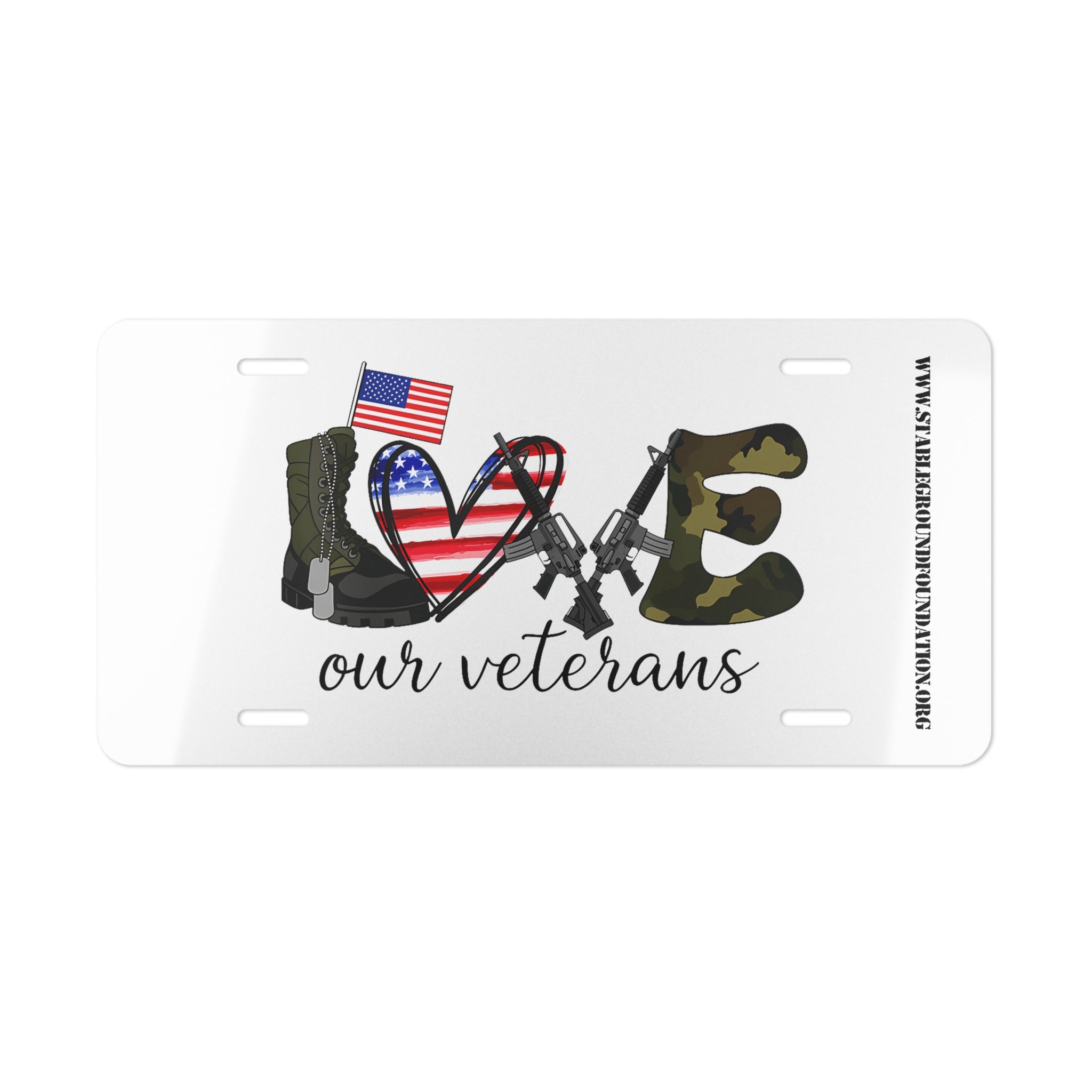 Love Our Veterans – Boots, Rifles & American Flag Patriotic License Plate