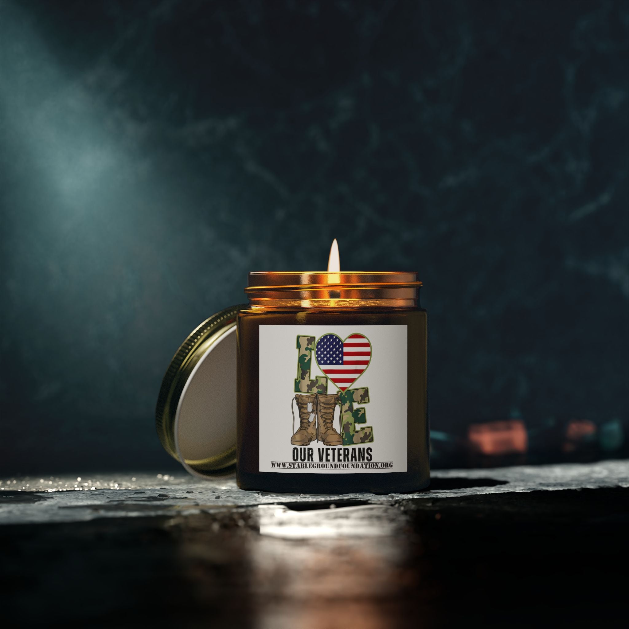 Love Our Veterans Candle – Camo Boots Patriotic Candle Supporting Veterans