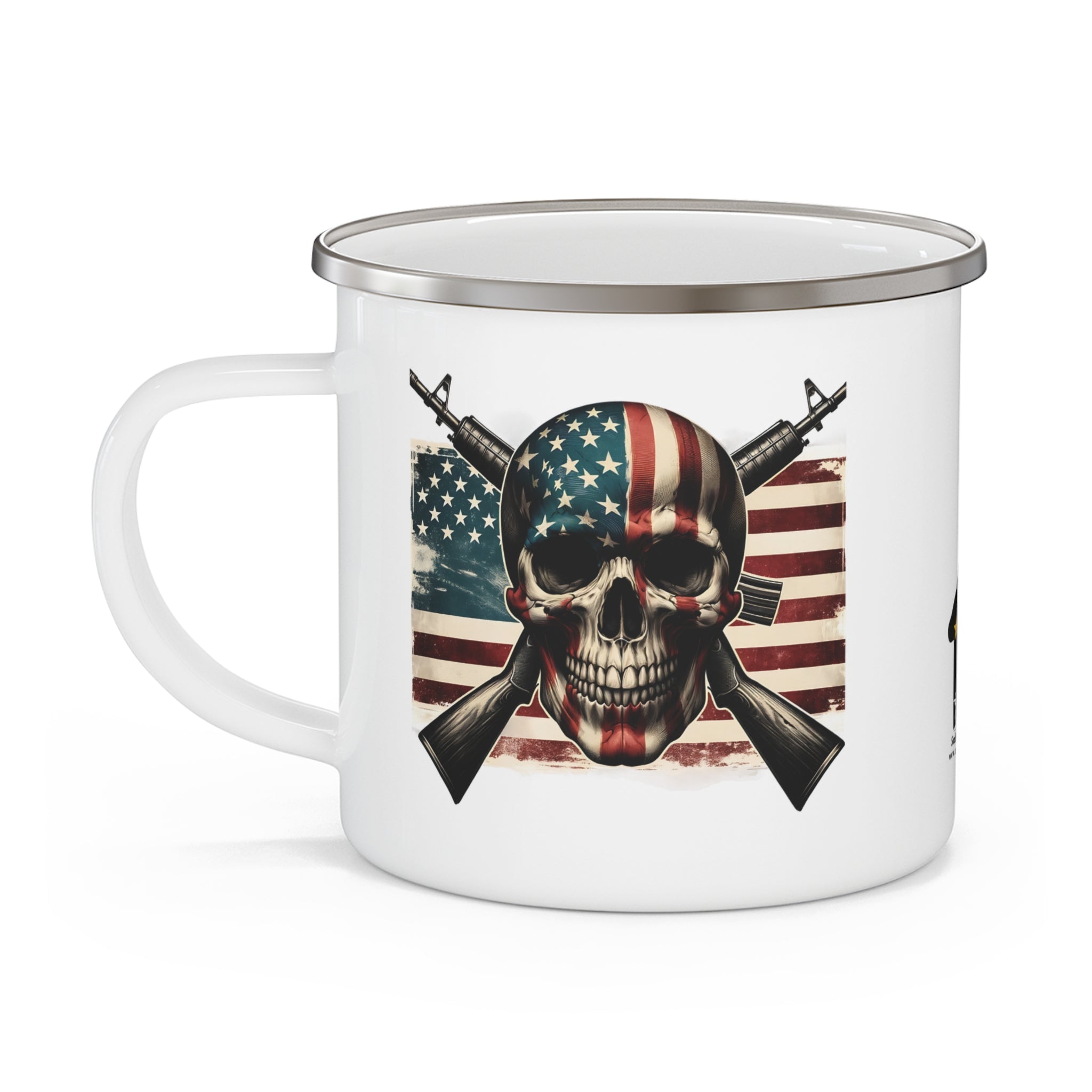 Patriotic Skull Coffee Cup – American Flag & Rifles Enamel Cup