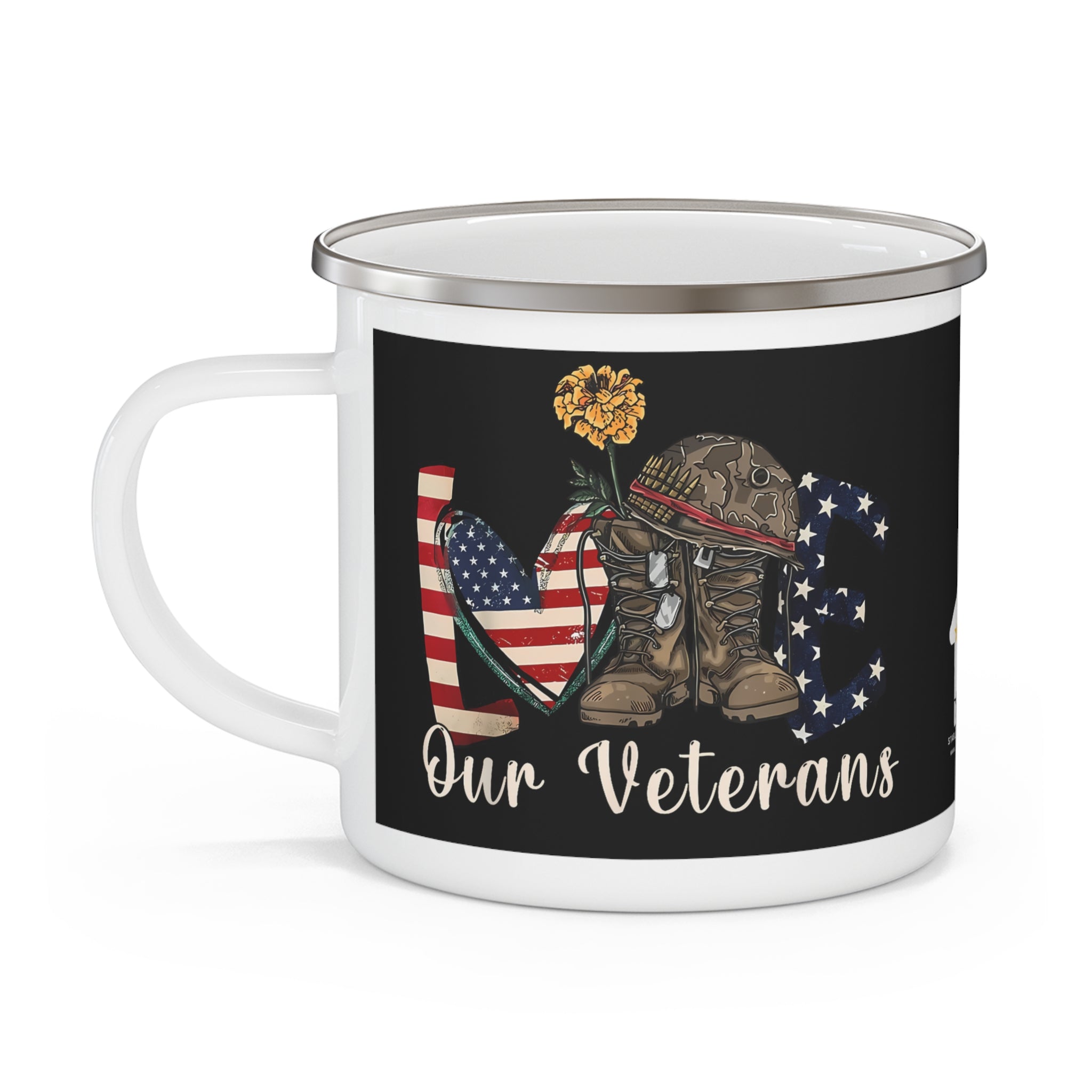 “Love Our Veterans” Enamel Mug with American Flag Heart, Helmet, Boots, and Yellow Flower