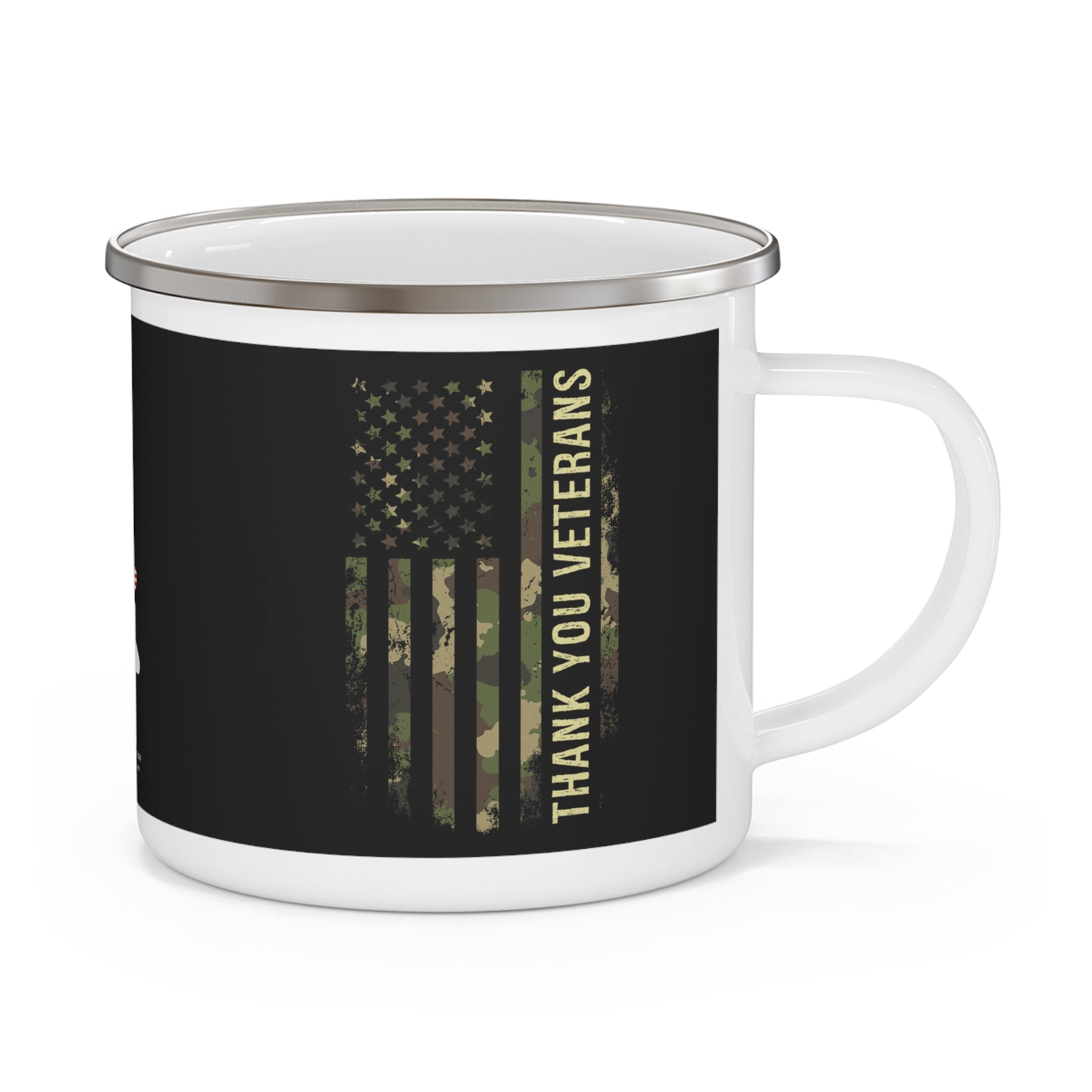 Thank You Veterans Enamel Mug – Camo American Flag Military Appreciation Coffee Cup