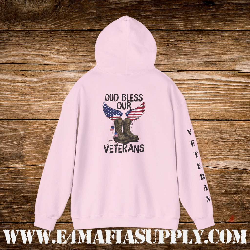 “God Bless Our Veterans” American Flag Boots Patriotic Veteran Sleeve Hoodie