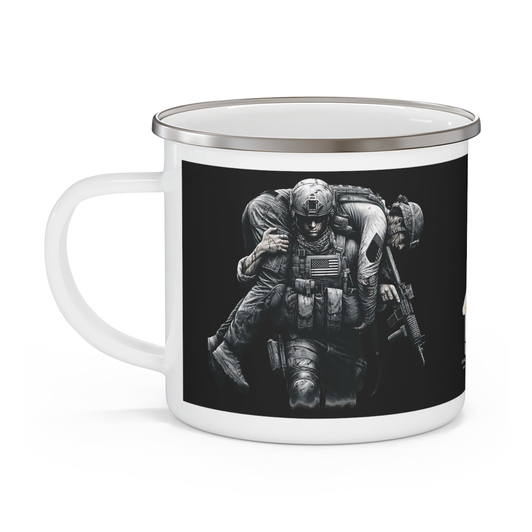 No Man Left Behind Coffee Cup – Gritty Soldier Tribute Enamel Mug