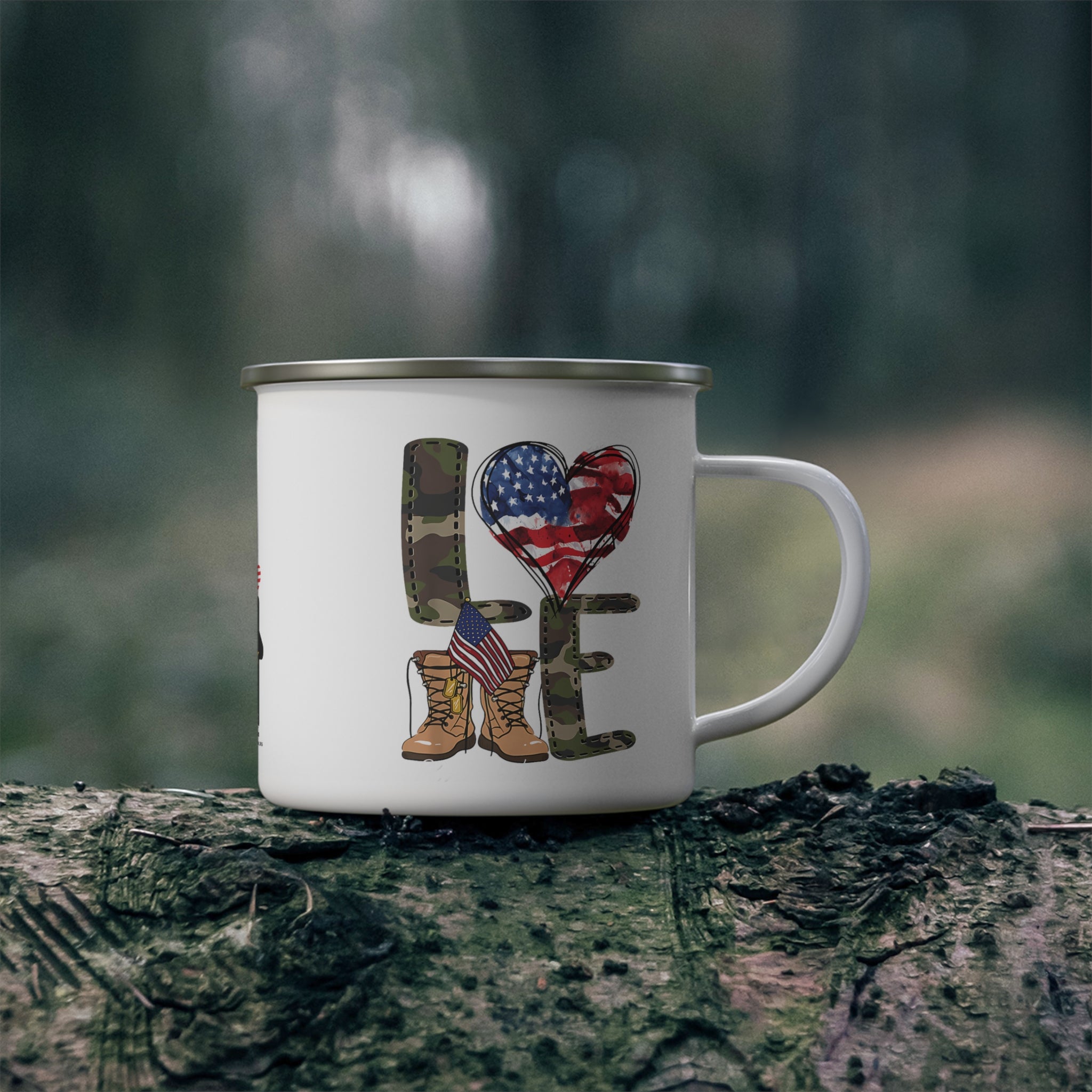 “LOVE” Enamel Mug with Camo Letters, American Flag Heart, and Combat Boots Design