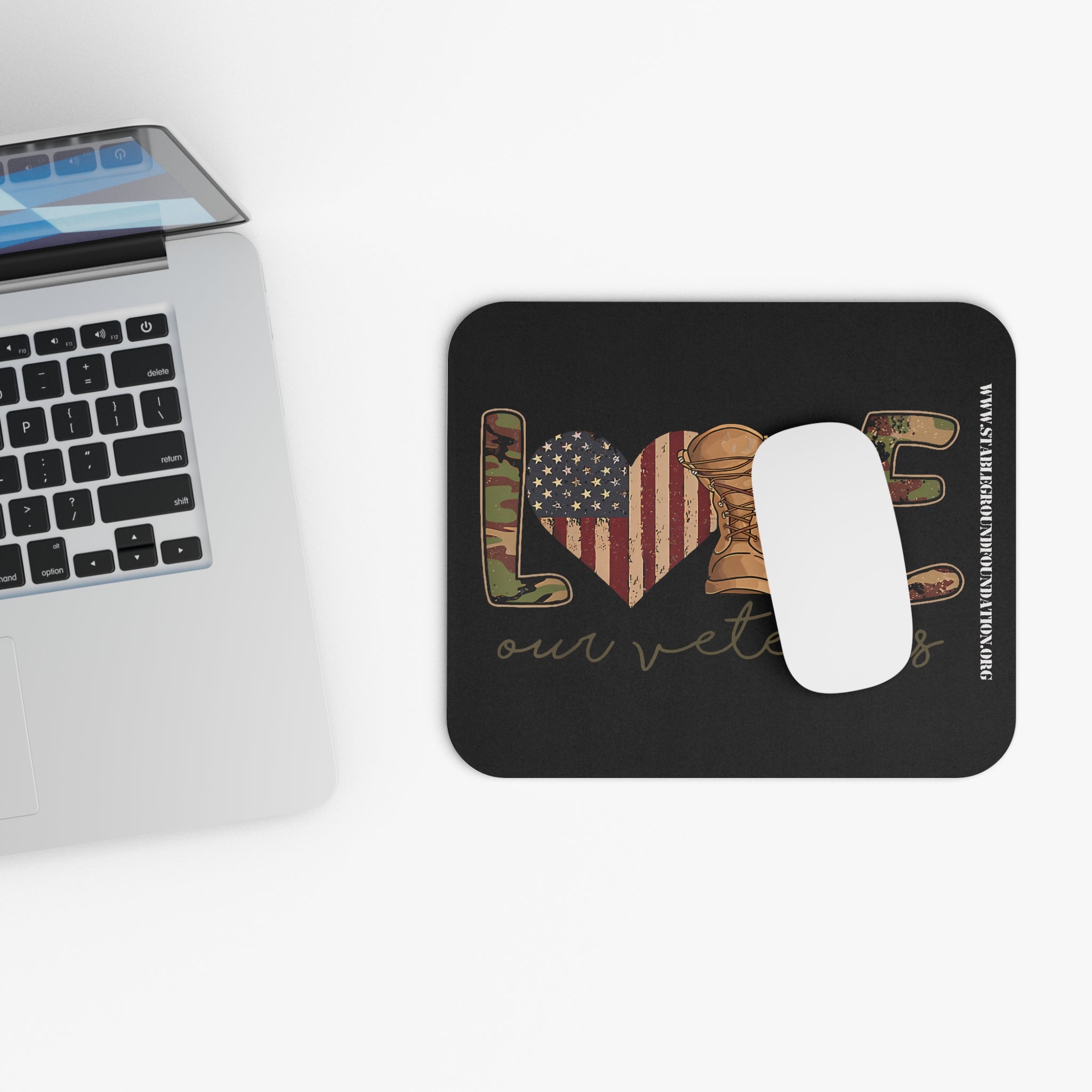 Love Our Veterans – Camo Flag & Boots Patriotic Mouse Pad