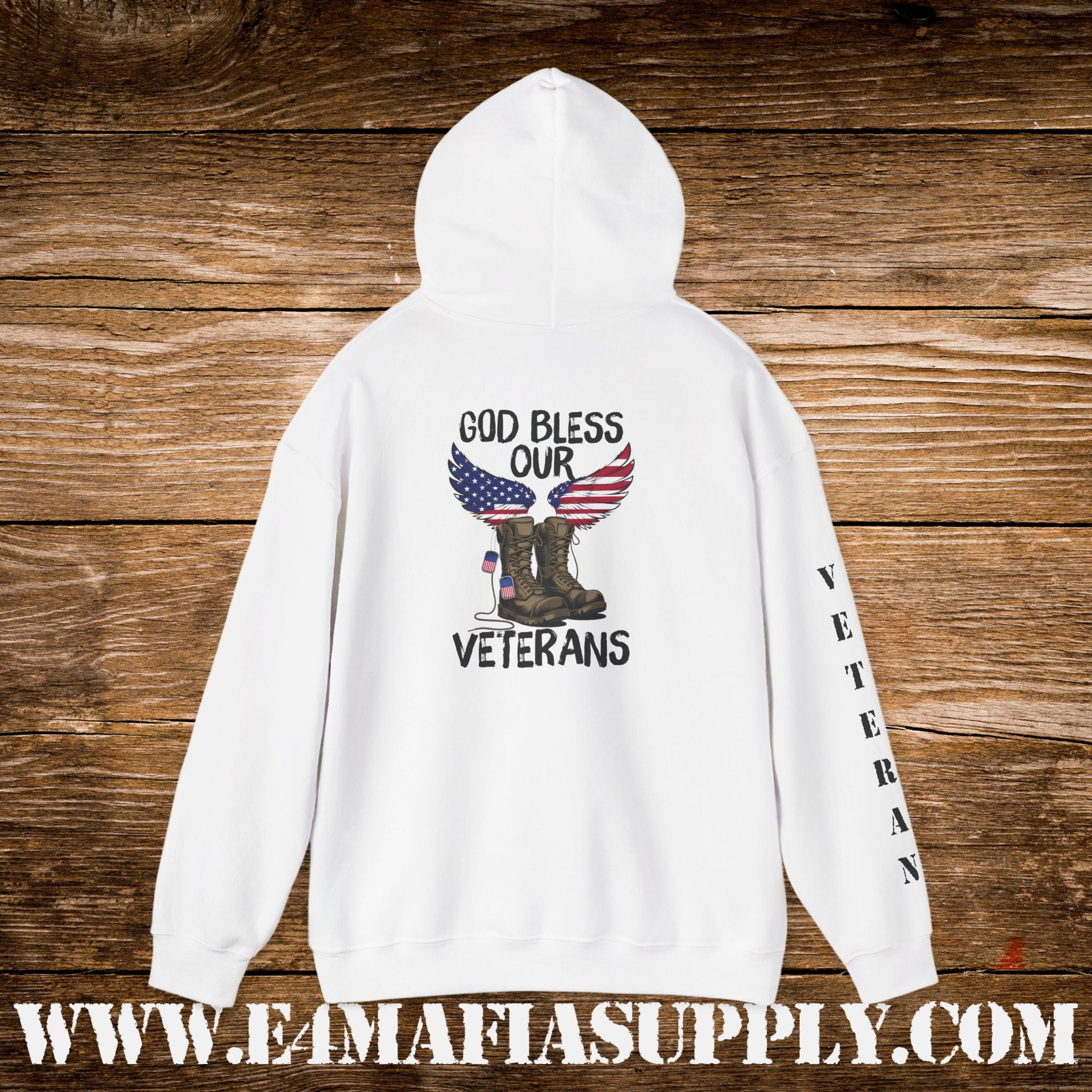 “God Bless Our Veterans” American Flag Boots Patriotic Veteran Sleeve Hoodie