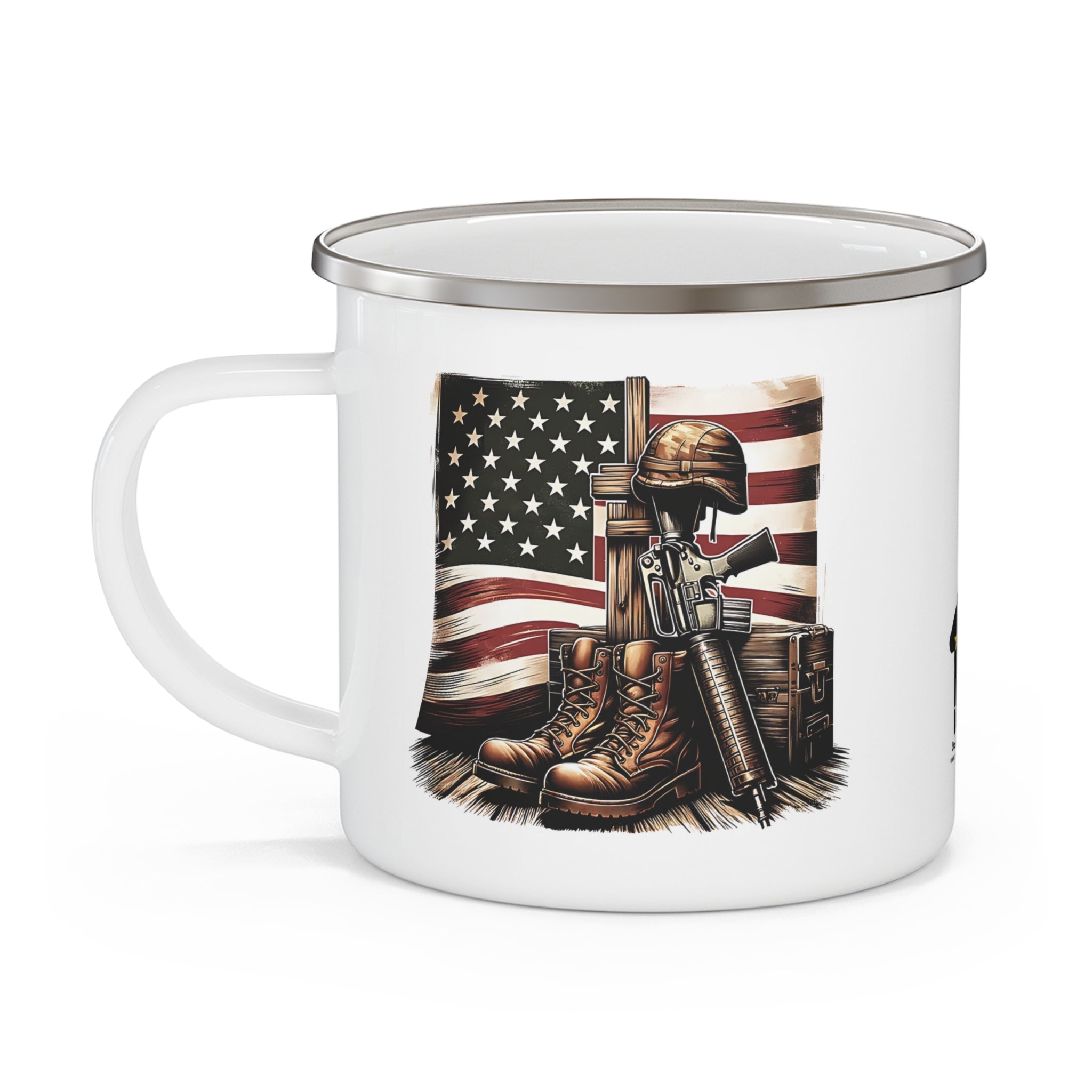 Battlefield Cross Coffee Cup – Patriotic Fallen Soldier Tribute Enamel Cup