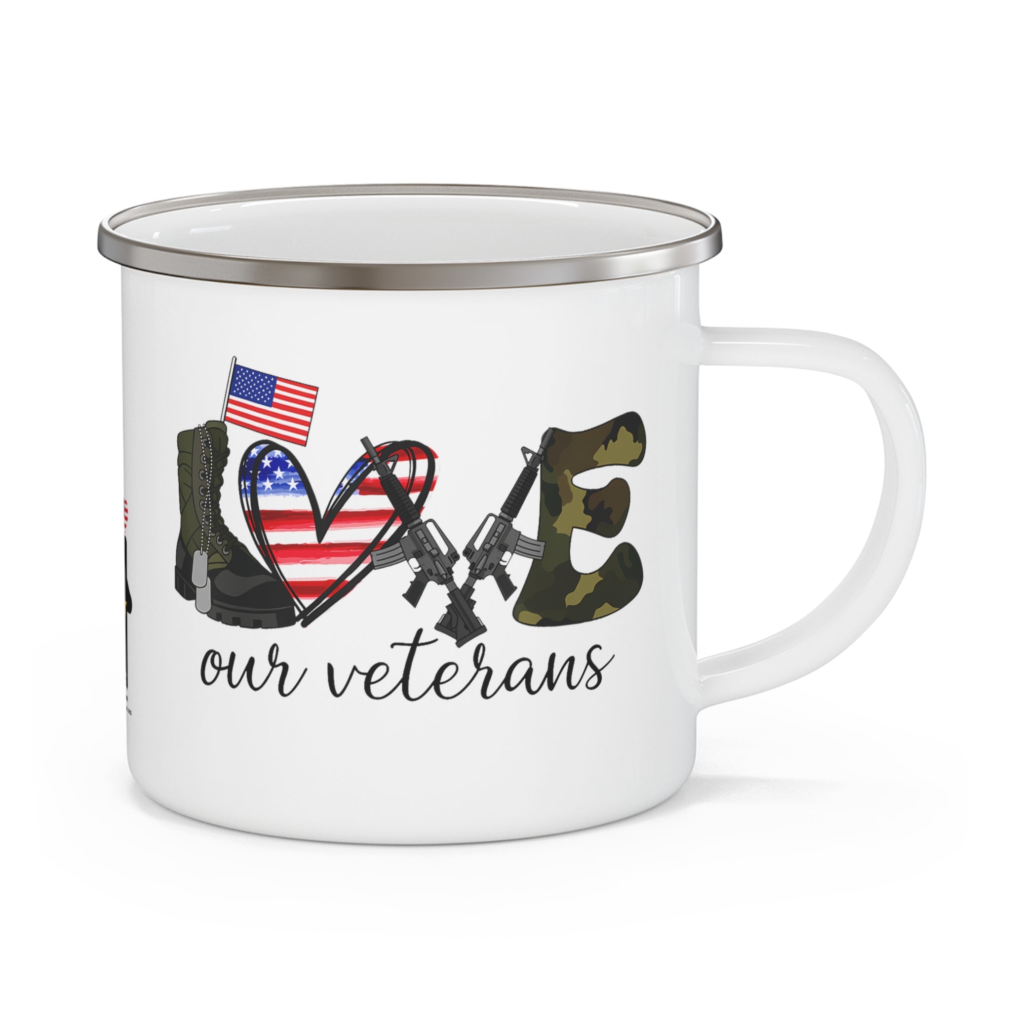 “Love Our Veterans” Enamel Mug with American Flag Heart, Rifle, and Camo Lettering