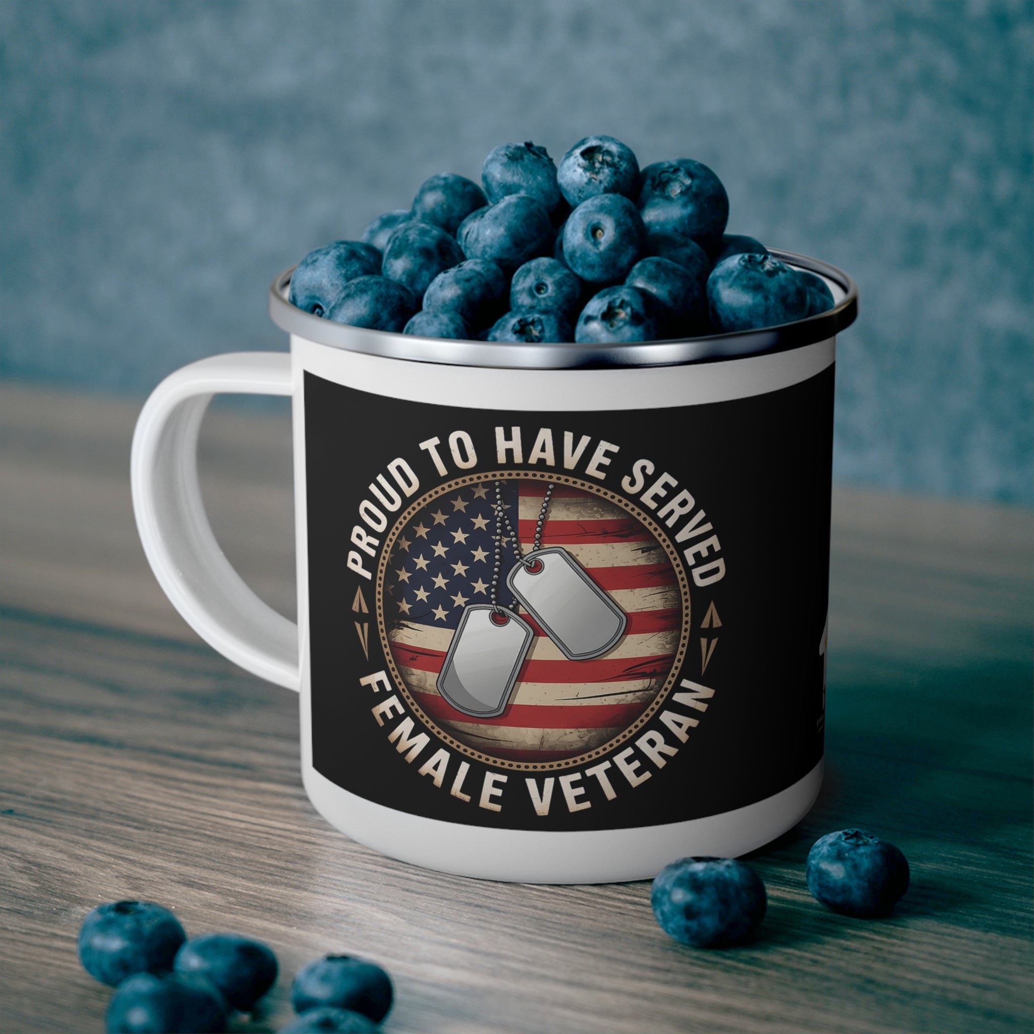Proud Female Veteran Enamel Mug with American Flag and Dog Tags – Patriotic Coffee Cup