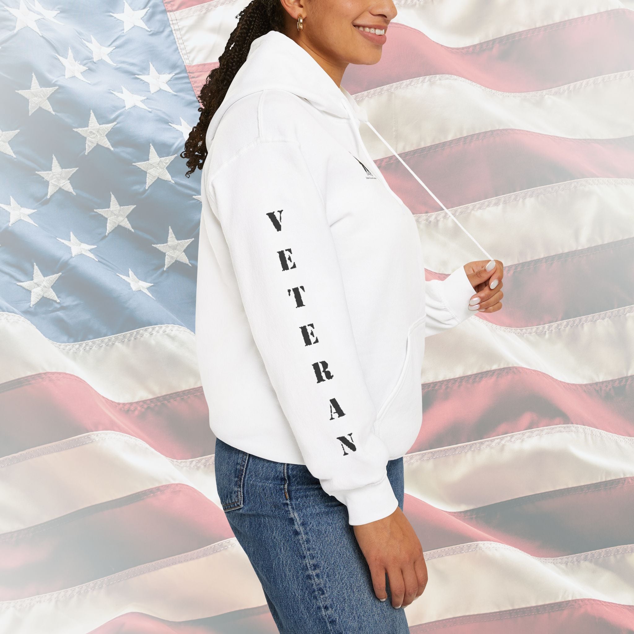 “God Bless Our Veterans” American Flag Boots Patriotic Veteran Sleeve Hoodie