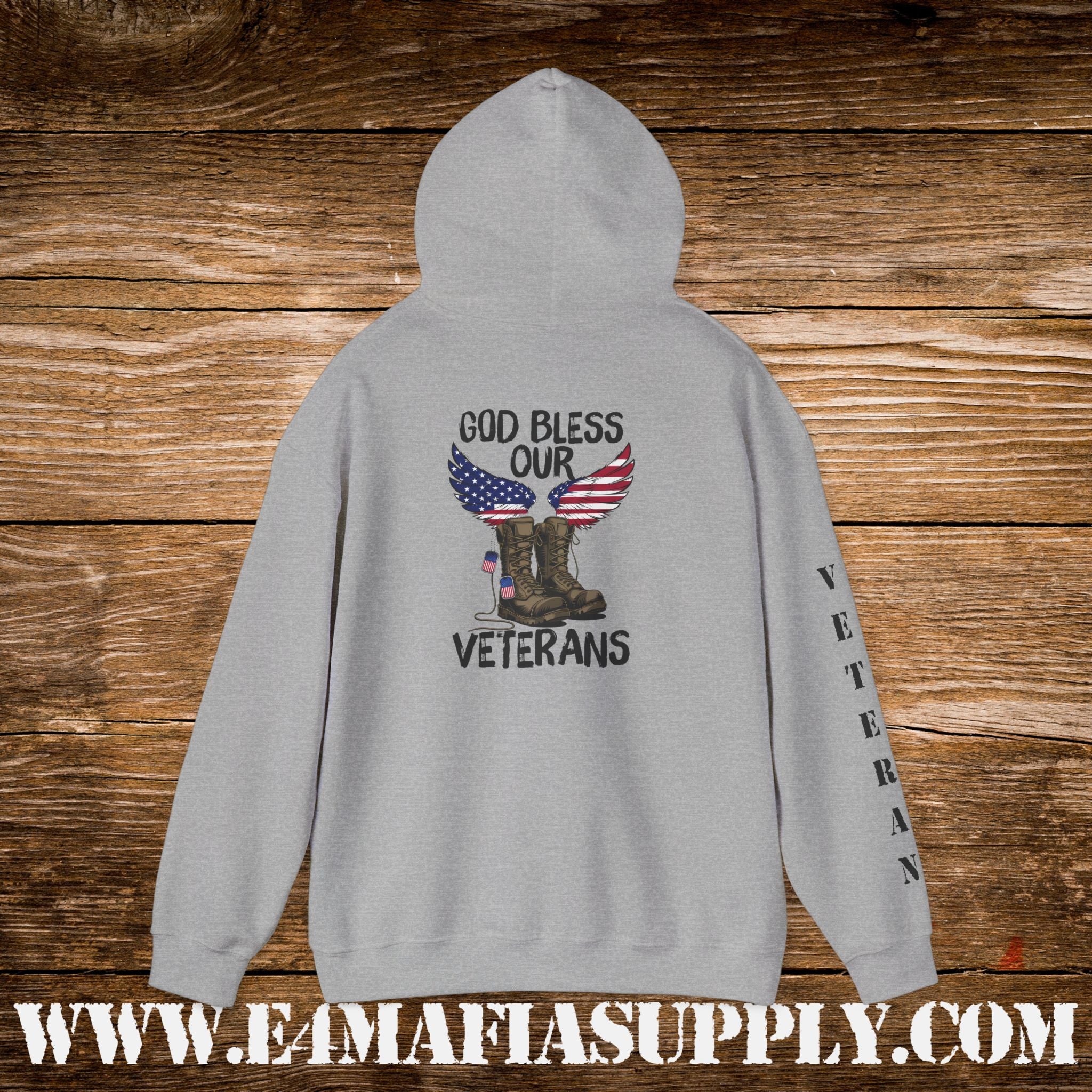 “God Bless Our Veterans” American Flag Boots Patriotic Veteran Sleeve Hoodie
