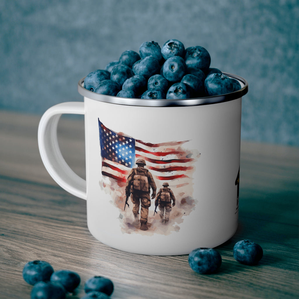White Two Soldiers Coffee Cup – Brotherhood & Freedom Tribute Enamel Cup