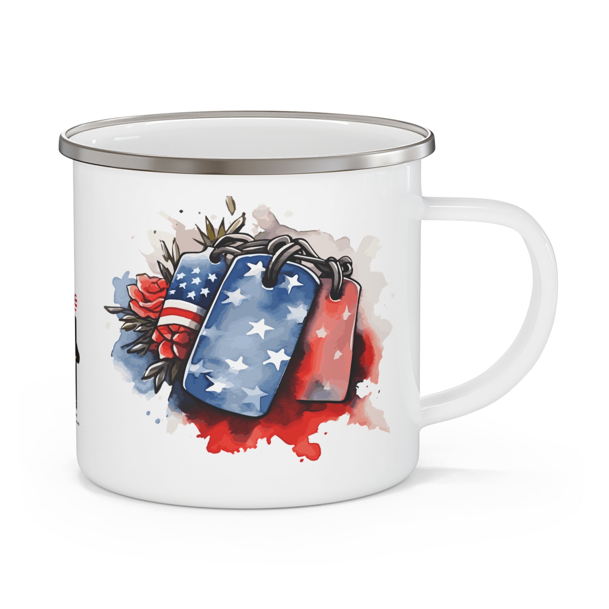 Patriotic Dog Tags Coffee Cup – American Flag Tribute Enamel Mug