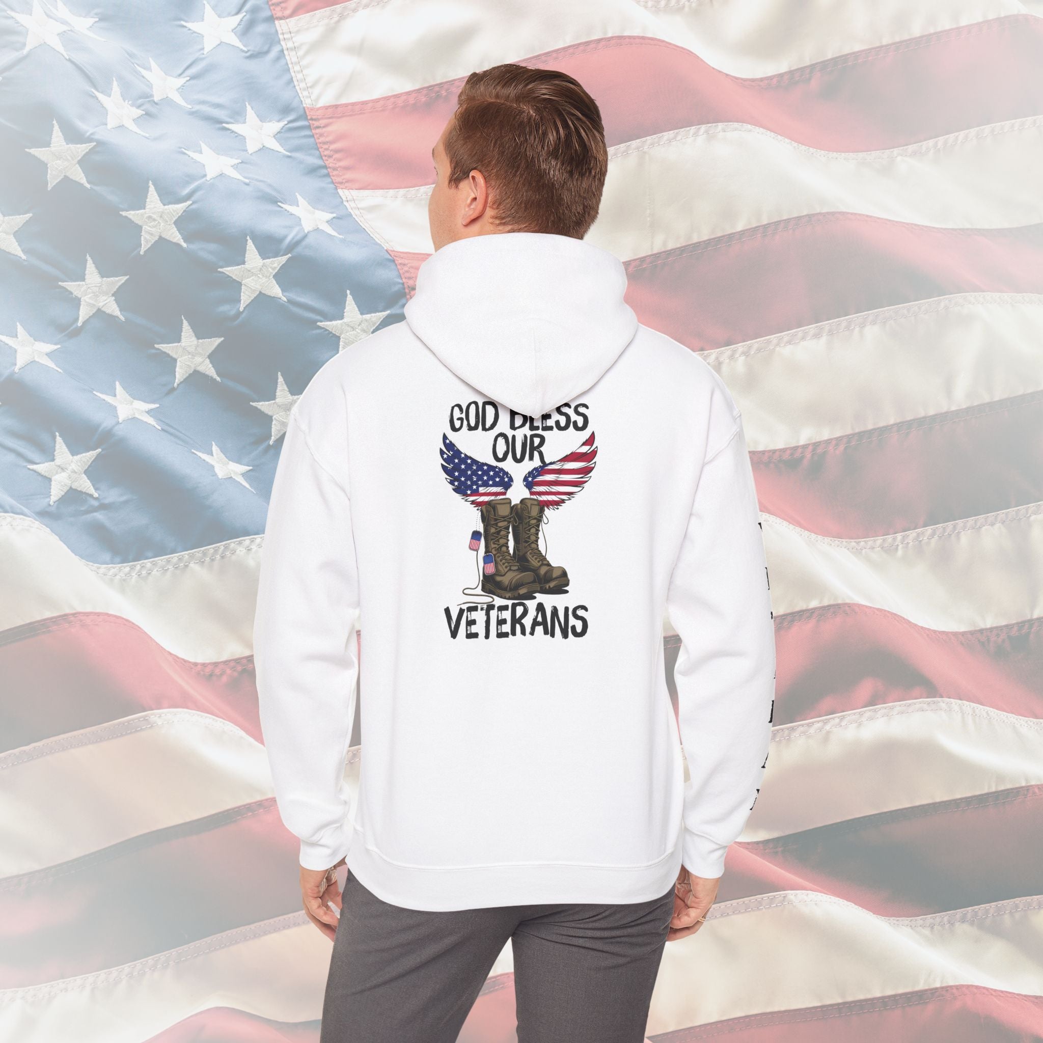 “God Bless Our Veterans” American Flag Boots Patriotic Veteran Sleeve Hoodie